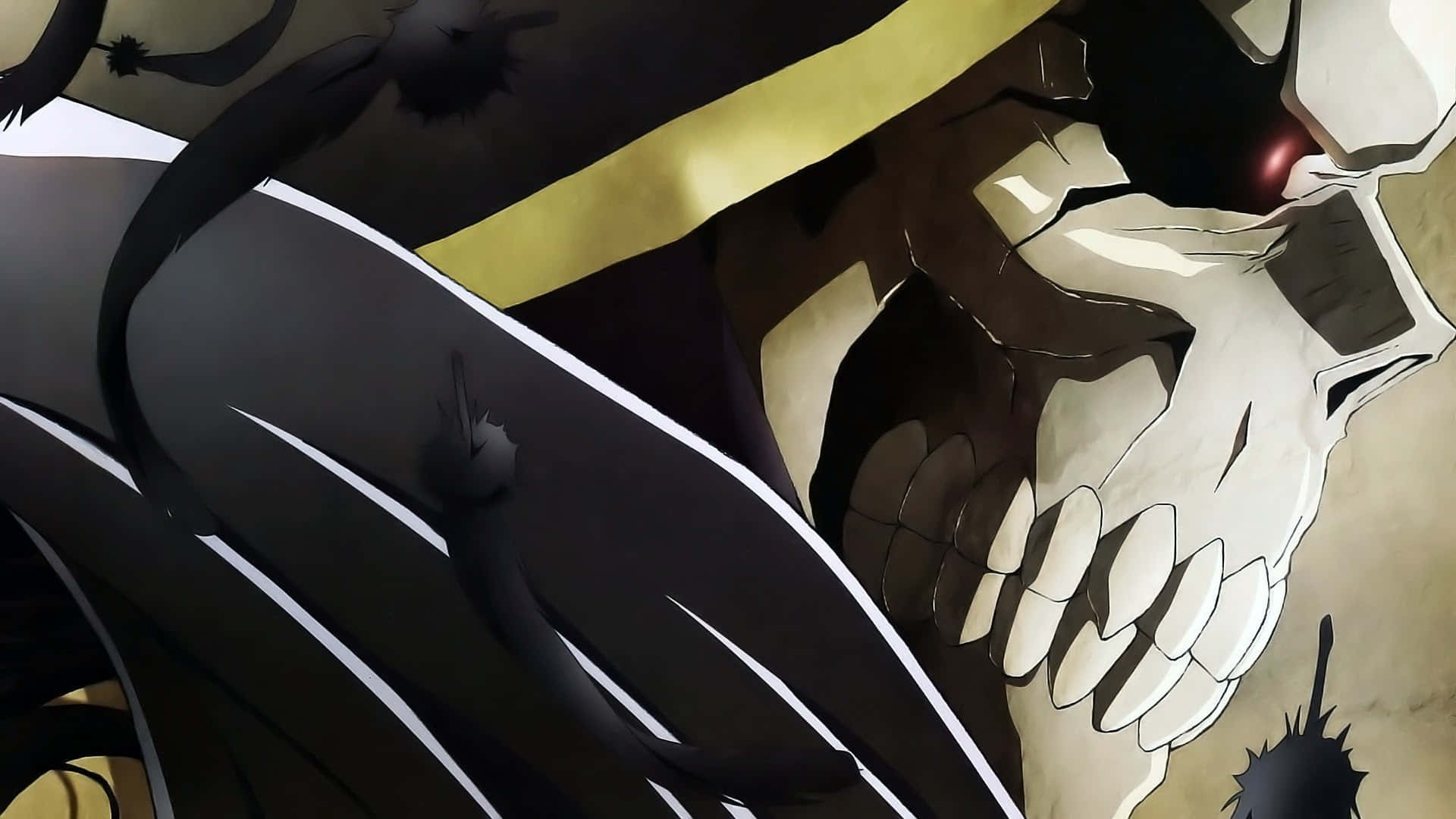 Overlord 桌布 壁紙 — 一個帶有發光紅眼和尖銳牙齒的威脅性動漫骷髏，聳立在深色飄逸的布料之上。