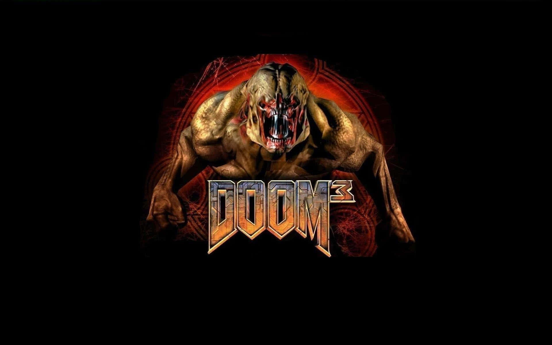 Doom 3 桌布 壁紙 — 一個帶有發光紅眼和尖銳牙齒的威脅性惡魔生物，在黑暗背景中潛伏在DOOM 3標誌後面。