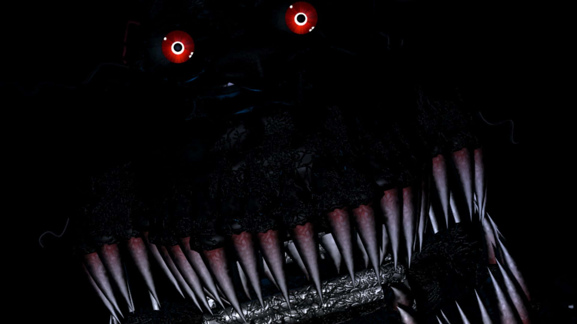 Fnaf Jumpscare 桌布 壁紙 — 一個帶有發光紅眼和尖銳牙齒的威脅性黑暗生物潛伏在完全黑暗中。