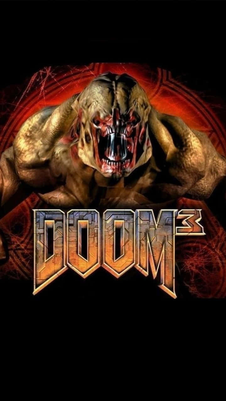 Doom iPhone 桌布 壁紙 — 一個帶有發光紅眼和尖銳牙齒的威脅性惡魔生物，在火紅背景上咆哮，標題DOOM 3以金屬字體呈現。