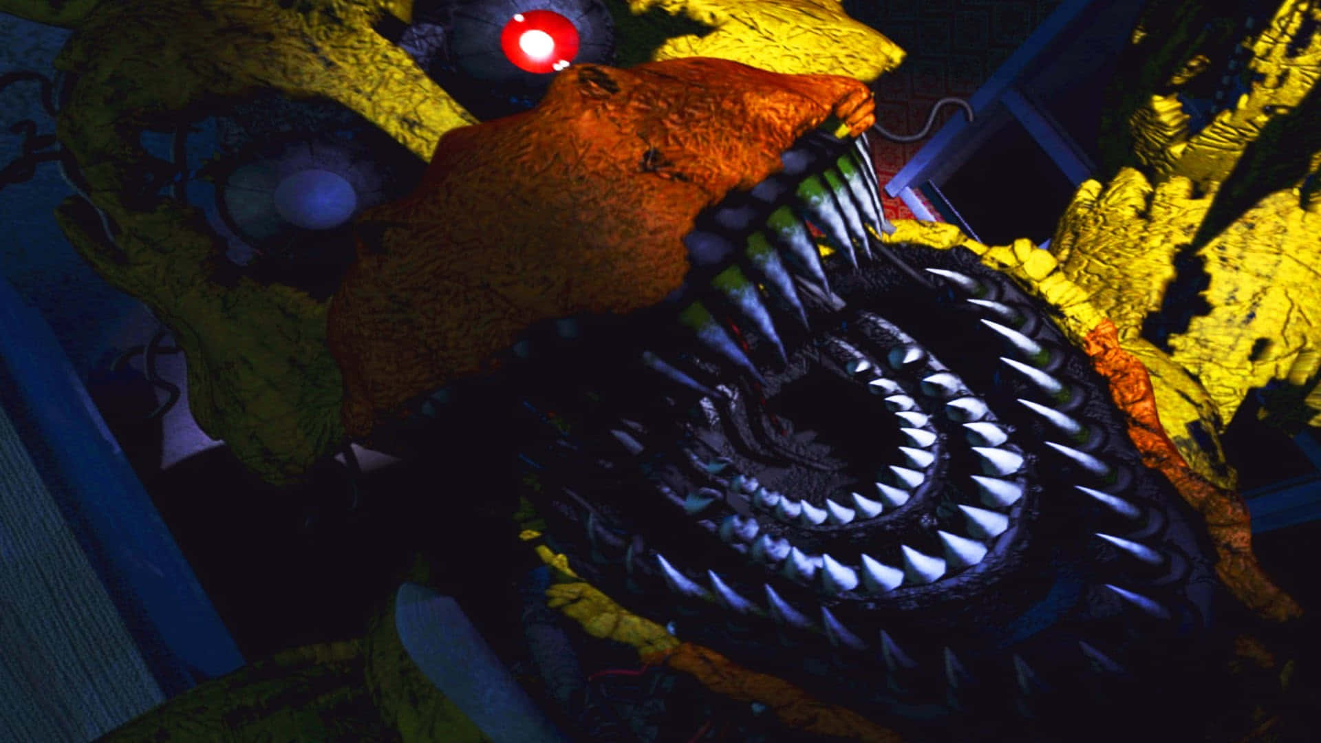 Five Nights At Freddys 4 桌布 壁紙 — 一個帶有發光紅眼和尖銳牙齒的威脅性電子動畫在昏暗的房間中若隱若現。