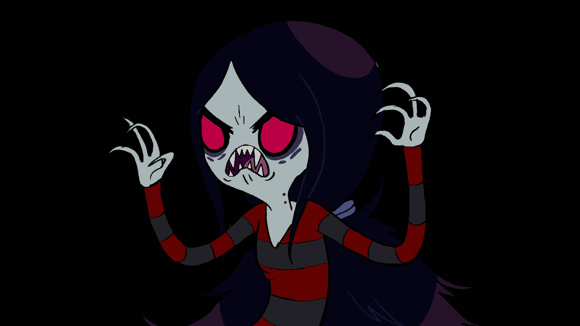 Marceline 桌布 壁紙 — 一個帶有發光紅眼和尖銳獠牙的威脅性卡通吸血鬼女孩，在黑色背景上舉起爪子般的手。