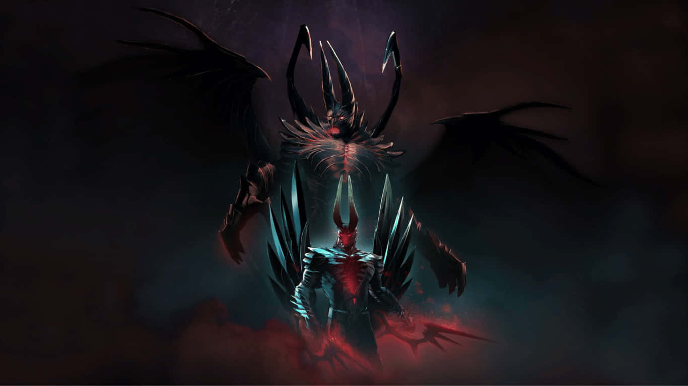 1366x768 Dota 2 桌布 壁紙 — 一個帶有發光紅眼和尖銳角的威脅性黑暗翅膀惡魔，在煙霧繚繞的地獄虛空中籠罩著一個較小的盔甲人物。