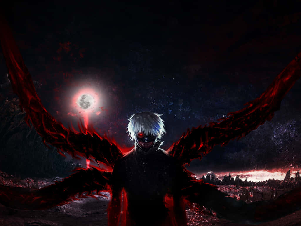 Ken Kaneki 桌布 壁紙 — 一個帶有發光紅眼和巨大紅色翅膀的威脅性動漫角色，站在黑暗末世景觀中的血紅色月亮前。
