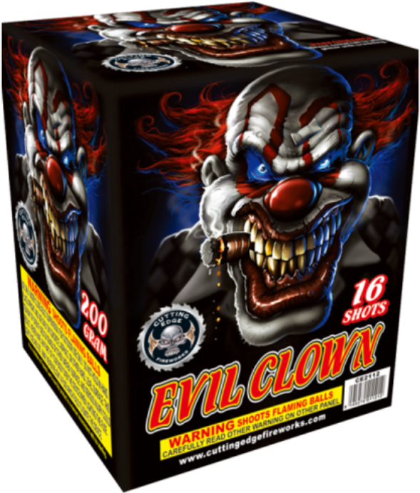 evil 桌布 壁紙 — 一個帶有發光紅眼和從口中噴出火焰球的邪惡小丑煙火盒，充滿威脅性。