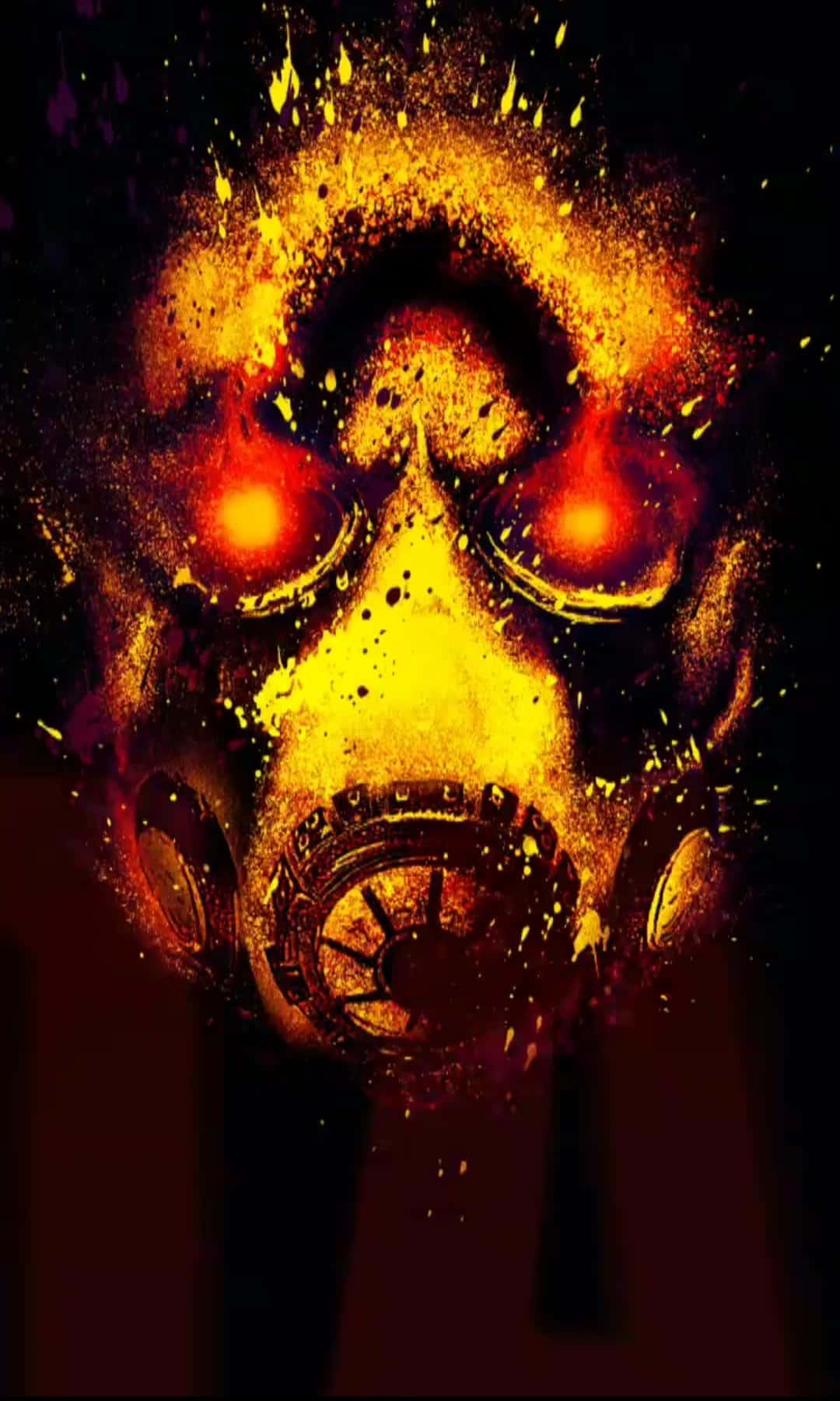 Borderlands 3 桌布 壁紙 — 一個帶有發光紅眼和從表面爆炸出熾熱橙色火花的威脅性防毒面具，背景為深色。