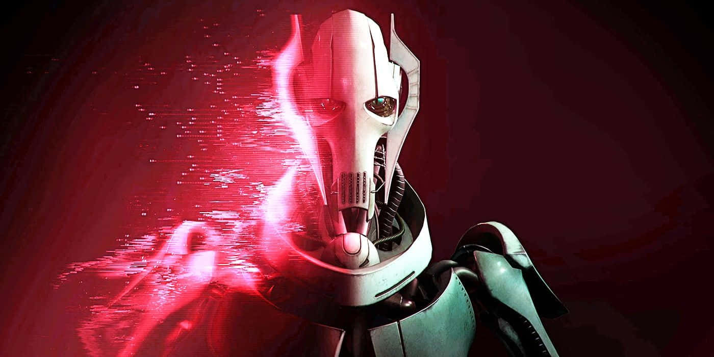 General Grievous 桌布 壁紙 — 一個帶有發光紅眼和數位扭曲的威脅性白色協議機器人，背景為深紅色。