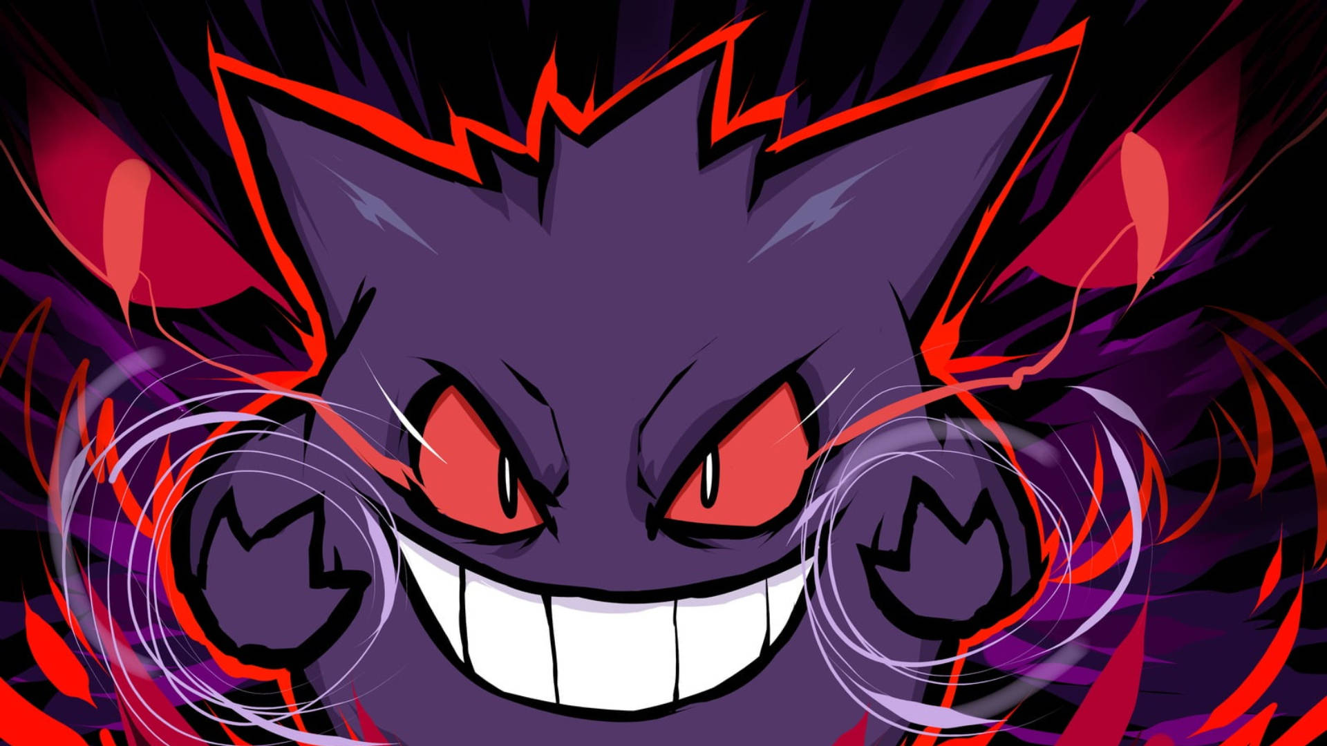 耿鬼 桌布 壁紙 — 一個帶有發光紅眼和旋轉能量爆發的威脅性紫色耿鬼，背景為深色。
