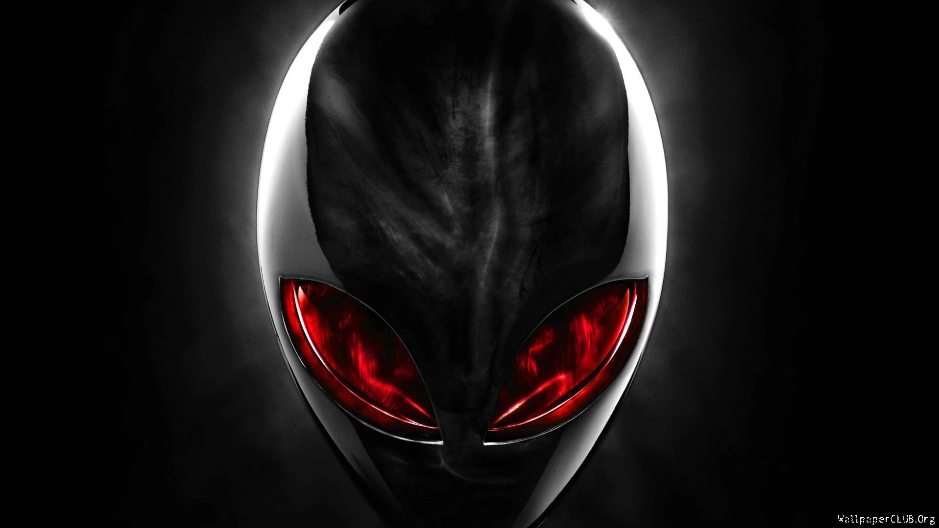 alienware default 桌布 壁紙 — 一個帶有發光紅眼和時尚黑白設計的威脅性外星人頭部，背景為深色。