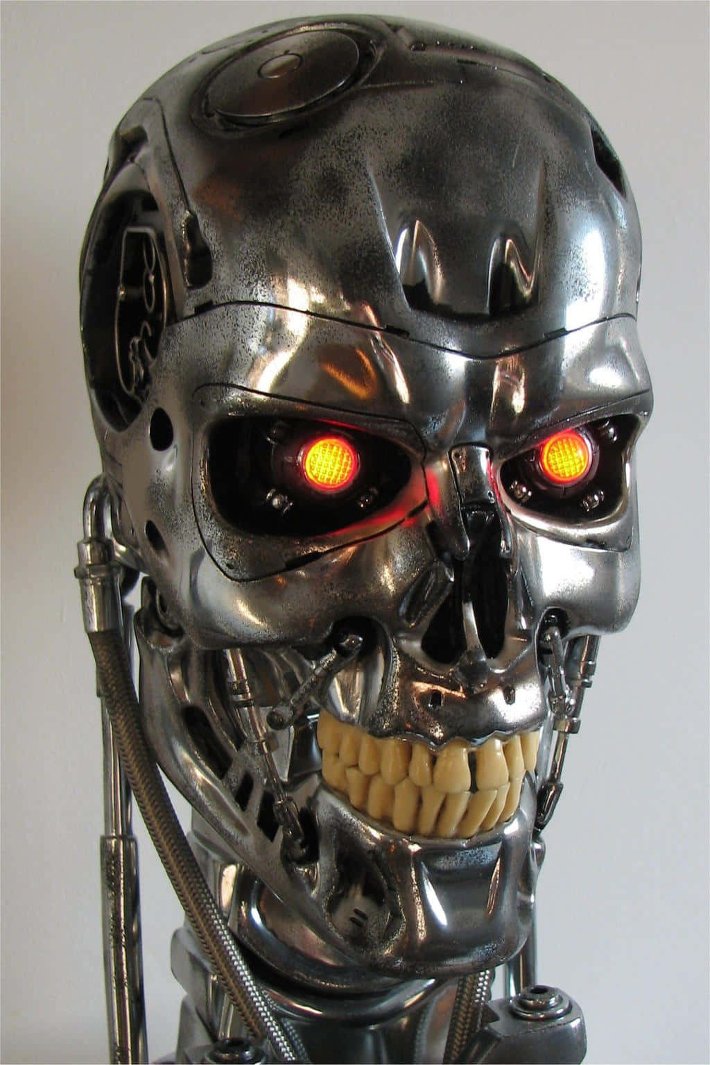 Robot 桌布 壁紙 — 一個帶有發光紅眼和暴露牙齒的金屬機器人頭骨，背景樸素。