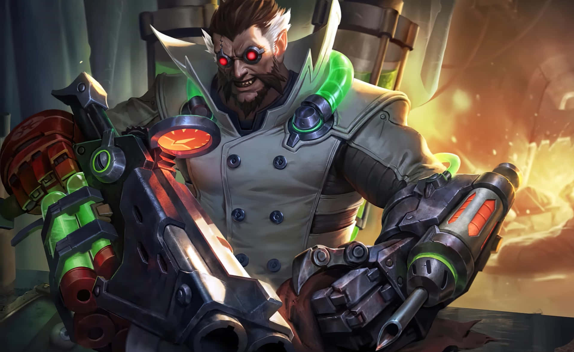 Mobile Legends 動態圖 桌布 壁紙 — 一個帶有發光紅眼和機械臂的威脅性科幻戰士，在熾熱的工業環境中手持重型武器。