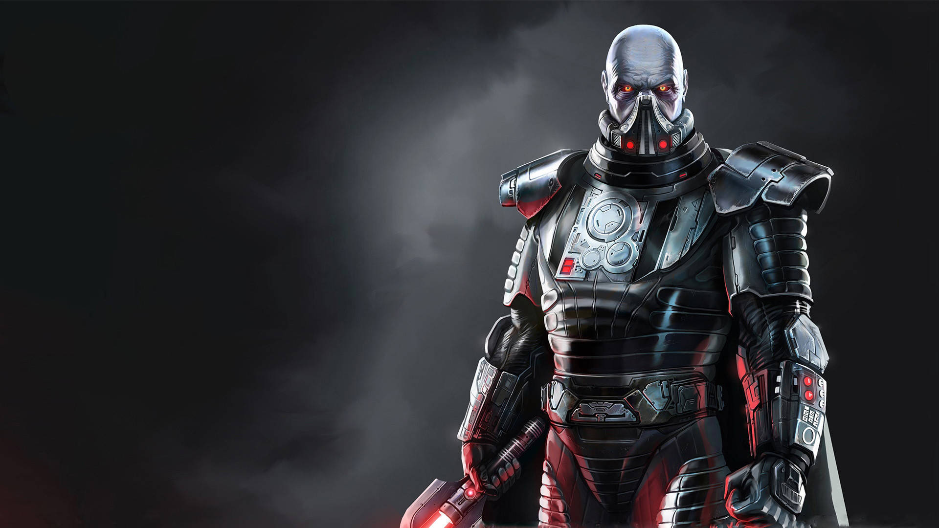 Star Wars Red 桌布 壁紙 — 一個帶有發光紅眼和深色兜帽的威脅性裝甲戰士，站在煙霧繚繞的黑色背景前。