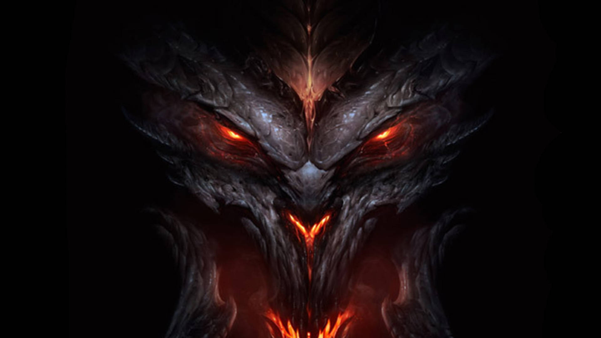 惡魔 桌布 壁紙 — 一個帶有發光紅眼和火焰嘴巴的威脅性惡魔面孔，背景為黑色。