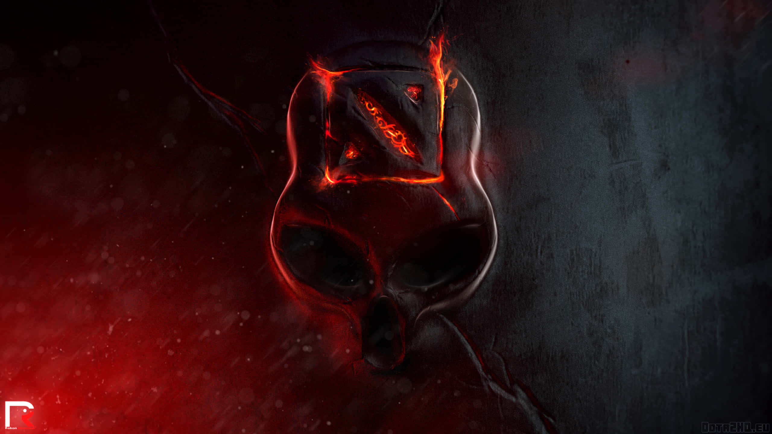 dota 2 4K 桌布 壁紙 — 一個帶有發光紅眼和火焰裂縫的威脅性頭骨，在煙霧般的紅色和灰色背景下散發出黑暗能量。