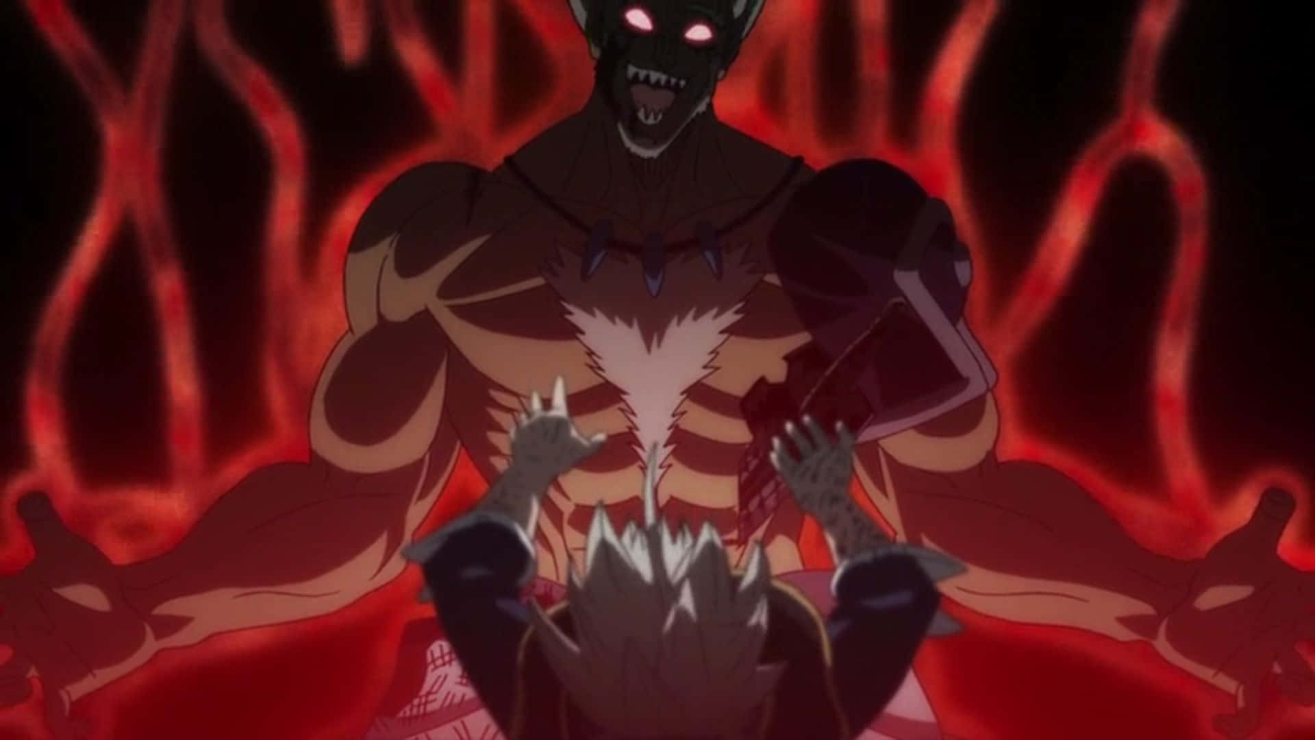 Asta Black Clover 4K 桌布 壁紙 — 一個帶有發光紅眼和火紅光環的威脅性動漫惡魔，在黑暗對峙中籠罩著一個刺蝟頭髮的角色。