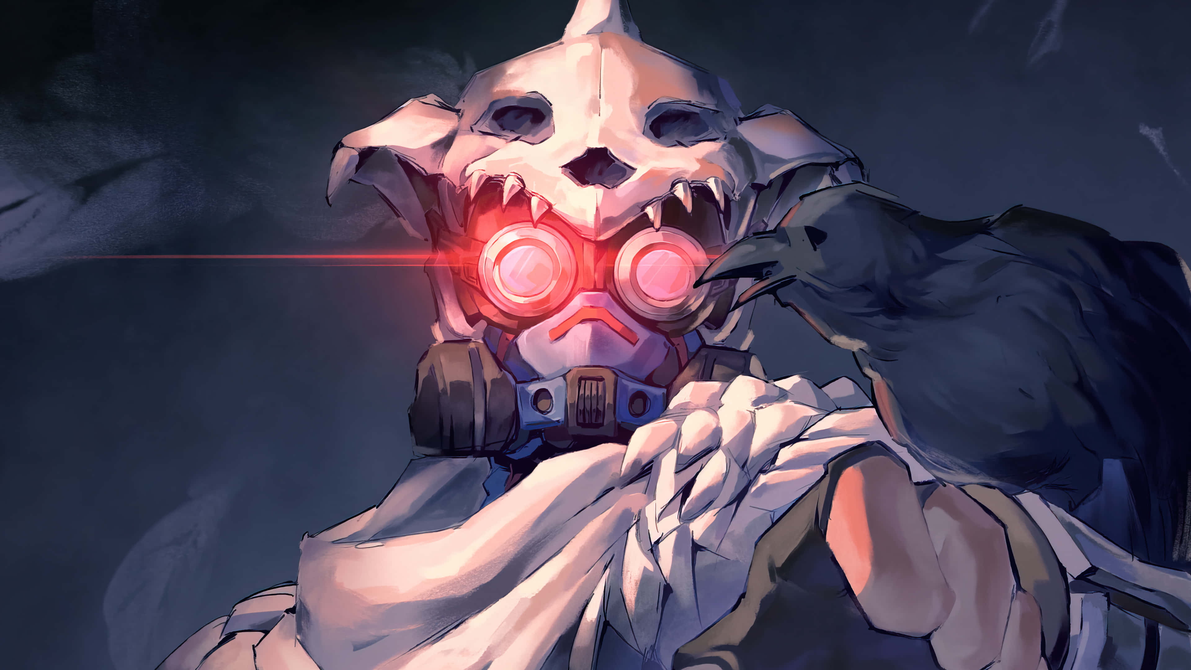 Apex Legends Characters 桌布 壁紙 — 一個帶有發光紅眼和烏鴉棲息在肩膀上的威脅性機械頭骨，背景是黑暗風暴。