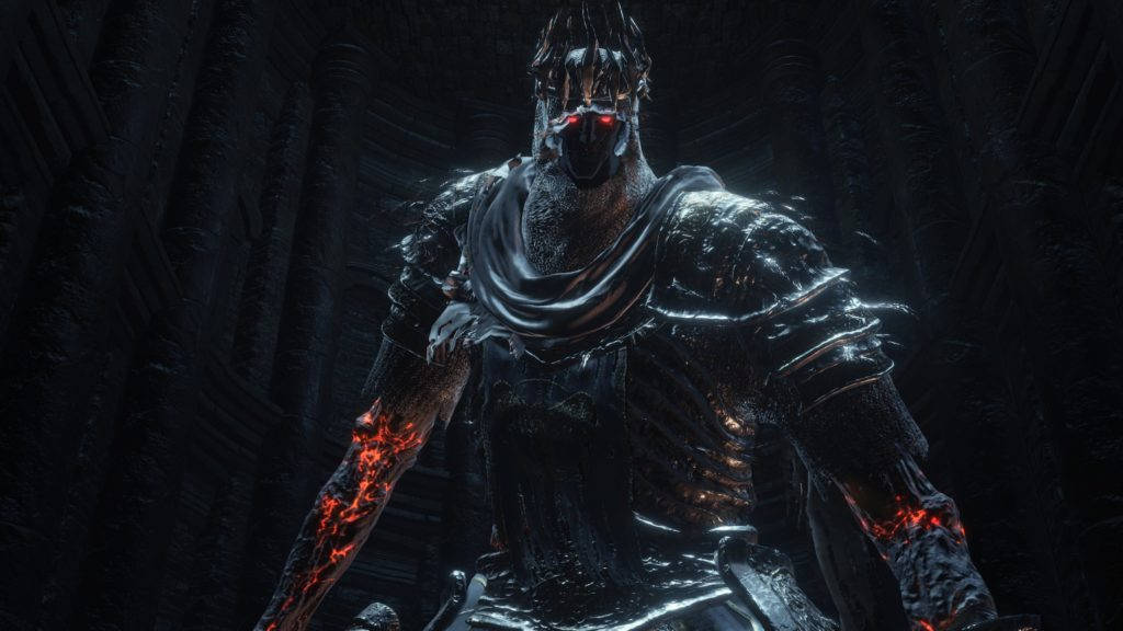 dark souls 4K 桌布 壁紙 — 一個帶有發光紅眼和熔化血管的威脅性裝甲戰士站在黑暗的大教堂式廢墟中。