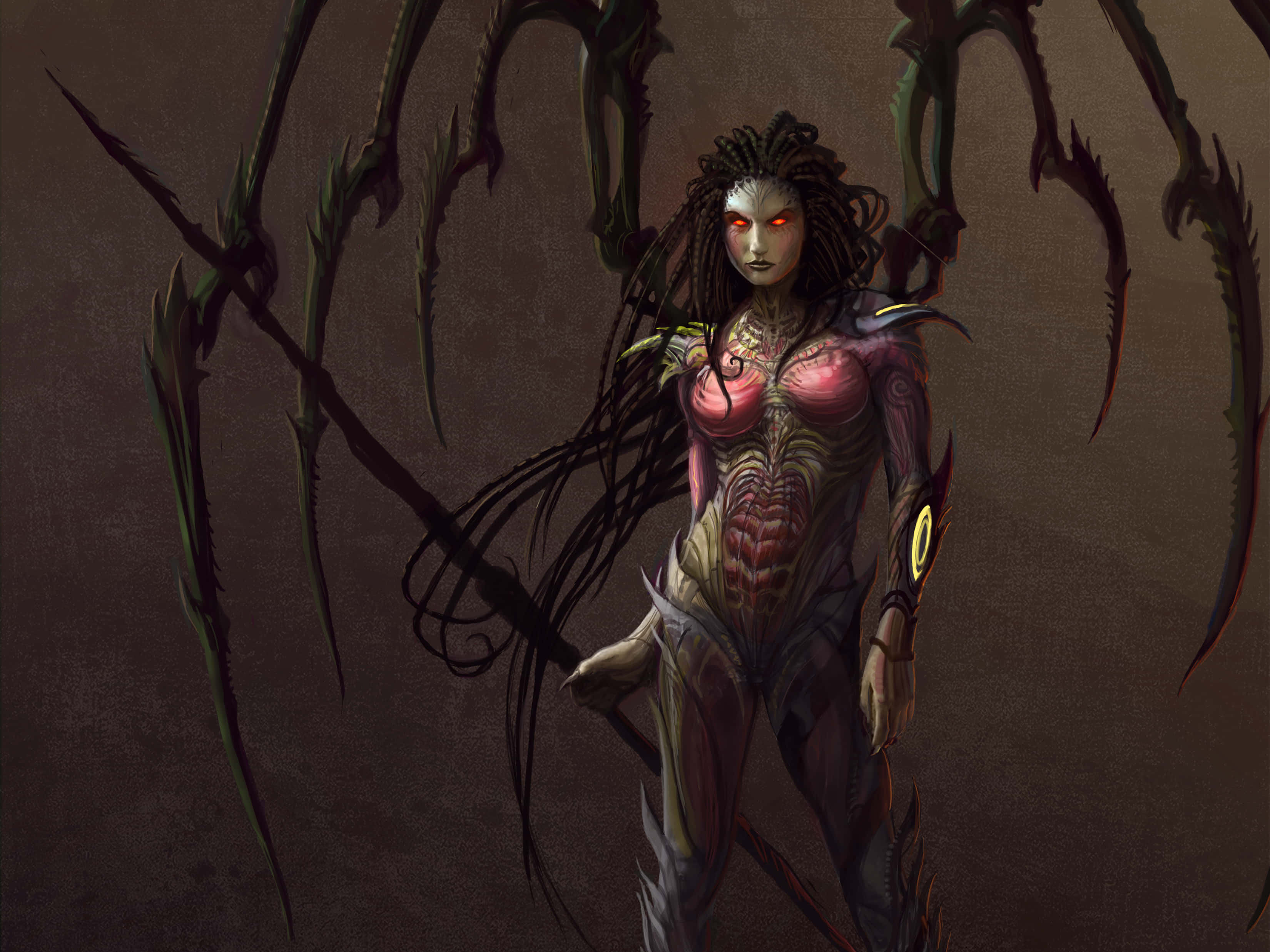 Starcraft Characters 桌布 壁紙 — 一個帶有發光紅眼和生物機械觸手的威脅性女性惡魔從陰影黑暗中出現。