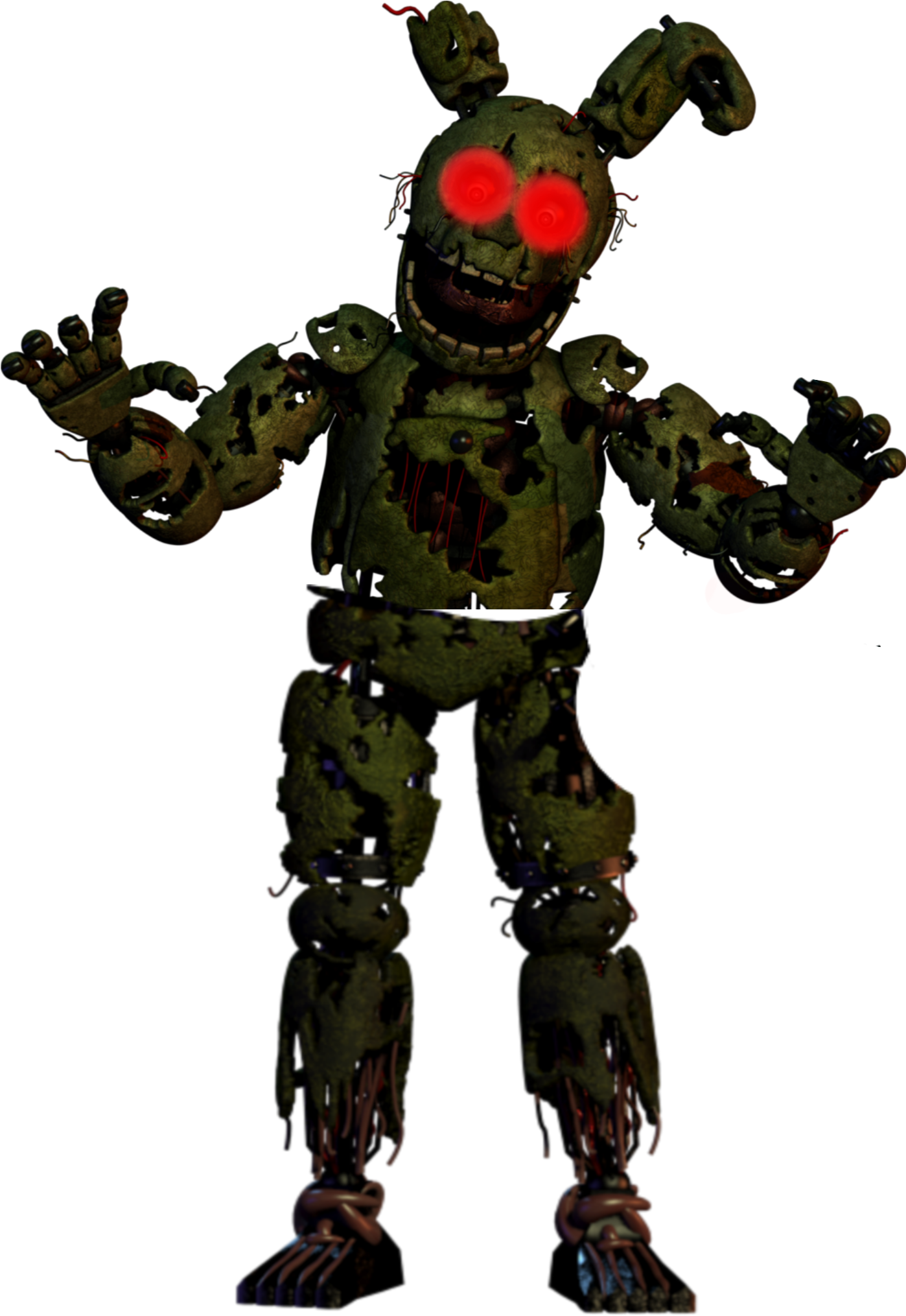 Springtrap 桌布 壁紙 — 一個帶有發光紅眼和破爛布料的威脅性綠色電子動畫站在黑色背景前。