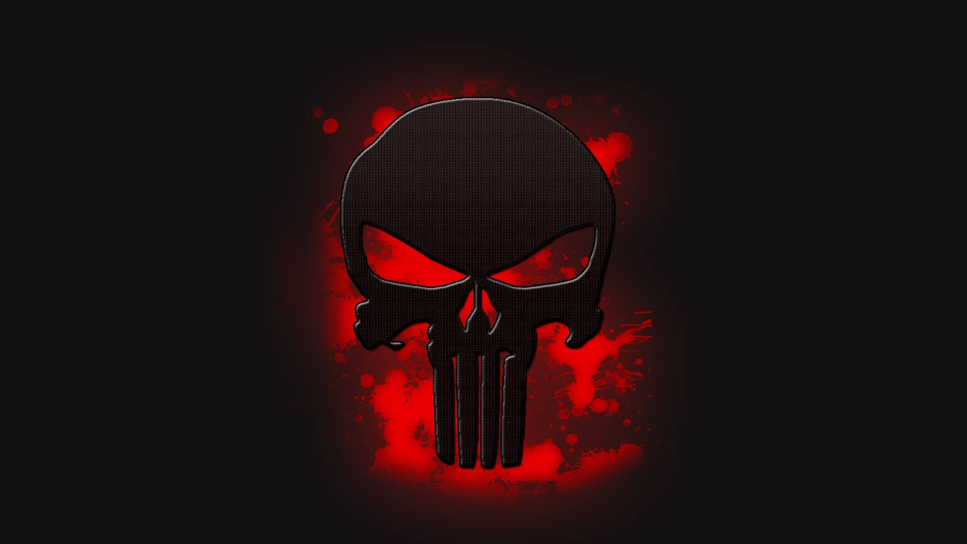 Punisher Logo 桌布 壁紙 — 一個帶有發光紅眼和紅色飛濺背景的威脅性黑色頭骨，襯托在黑暗虛空中。