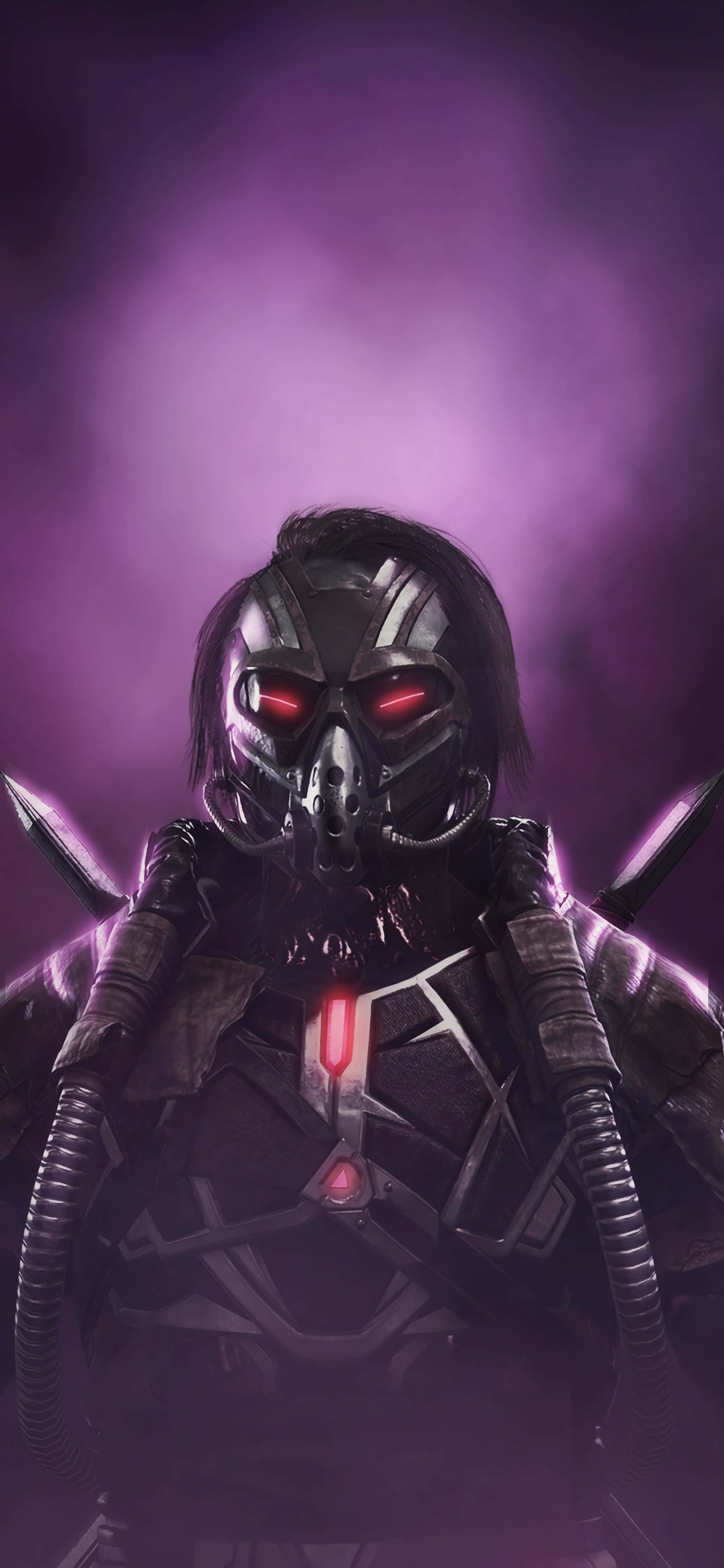 Mortal Kombat Kabal 桌布 壁紙 — 一個帶有發光紅眼和紫色煙霧背景的威脅性裝甲人物，正強烈地向前凝視。