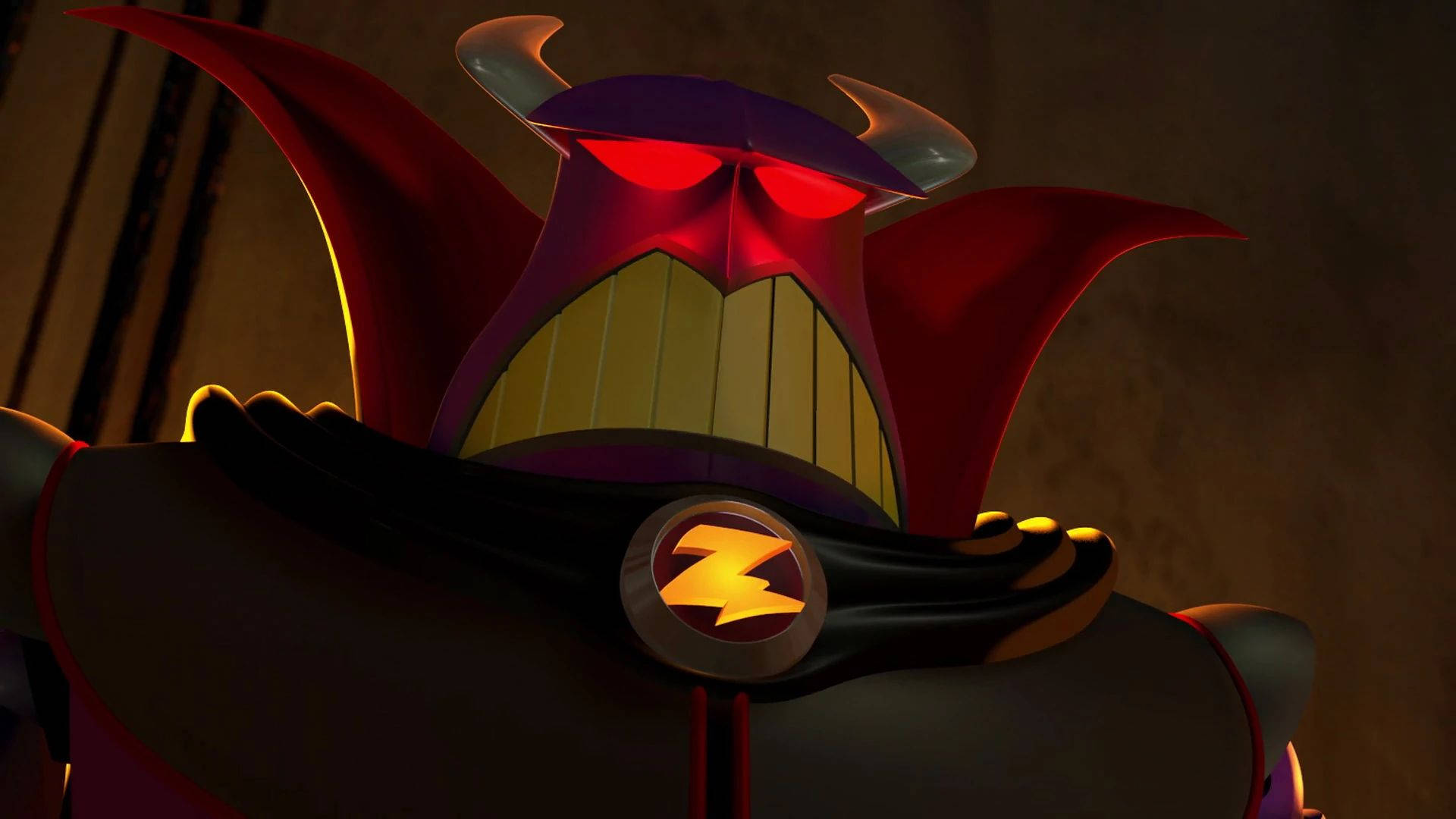emperor zurg 桌布 壁紙 — 一個帶有發光紅眼和紫色角頭盔的威脅性動畫反派在昏暗的房間中凝視。