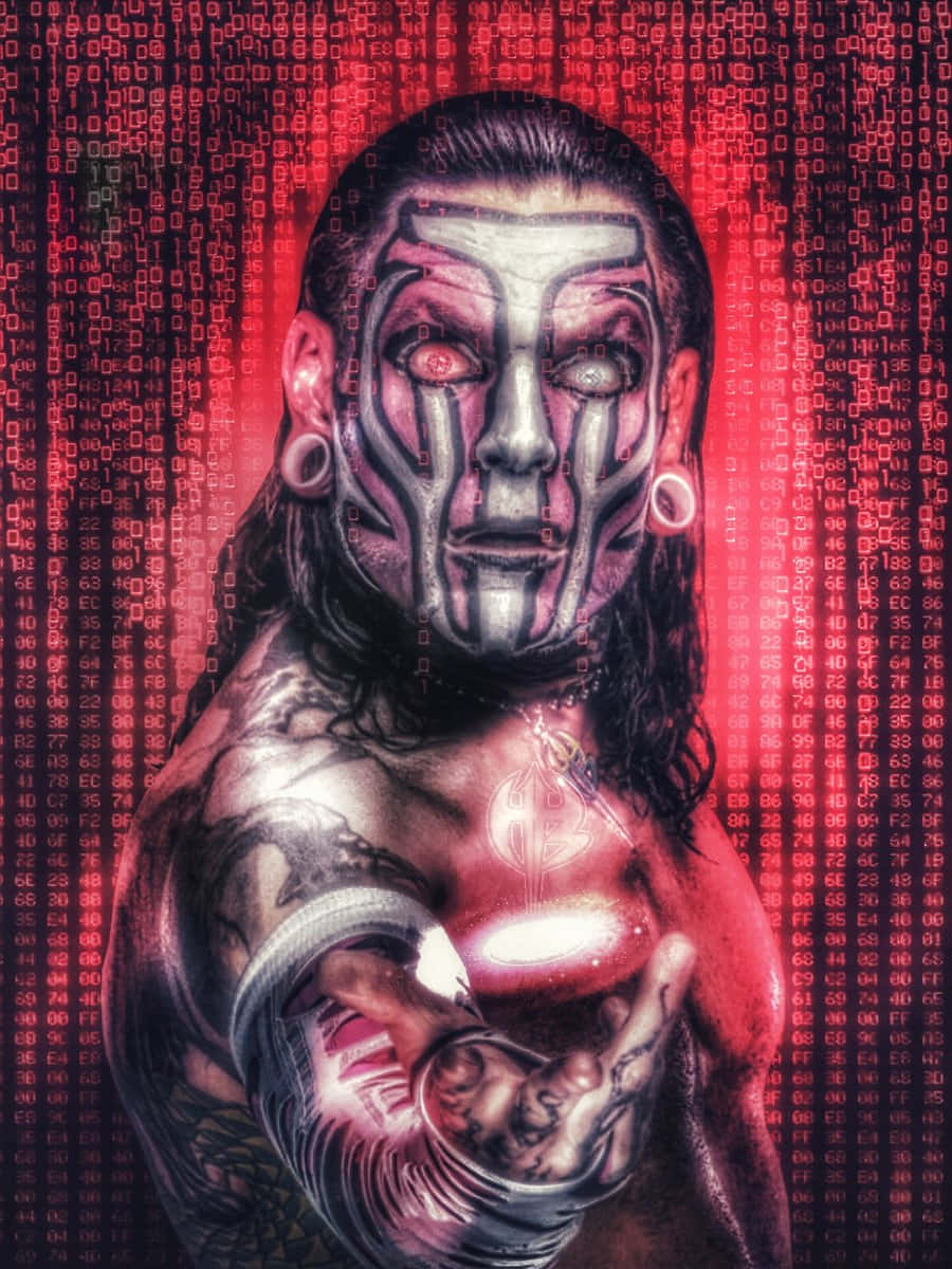 WWE 桌布 壁紙 — 一個帶有發光紅眼和背後數字代碼雨的賽博格人形，呈現鮮明的紅色和黑色。