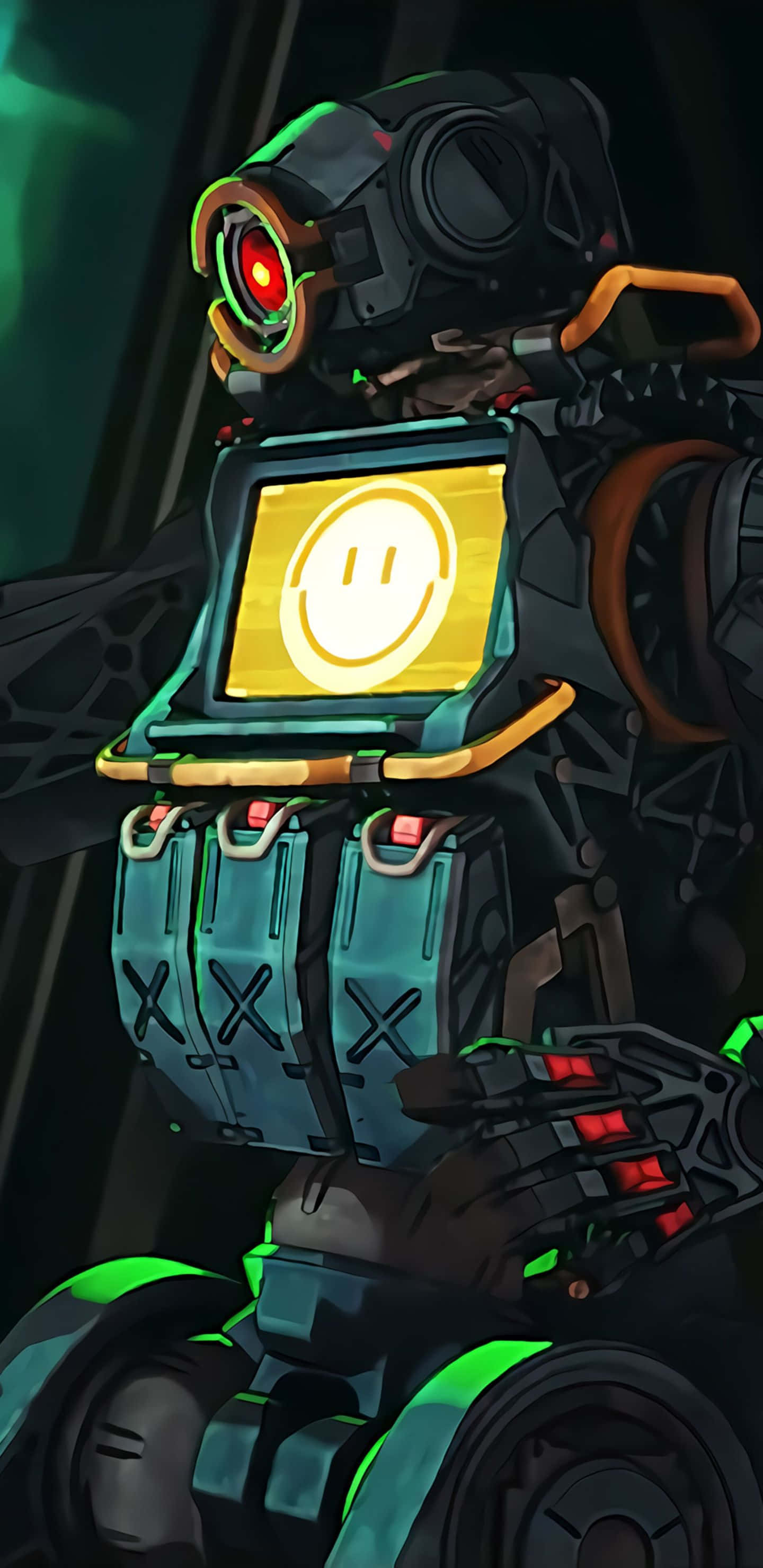 Pixel 3xl Apex Legends 桌布 壁紙 — 一個帶有發光紅眼和胸前有歡樂黃色笑臉的賽博龐克機器人，站在黑暗的未來場景中。