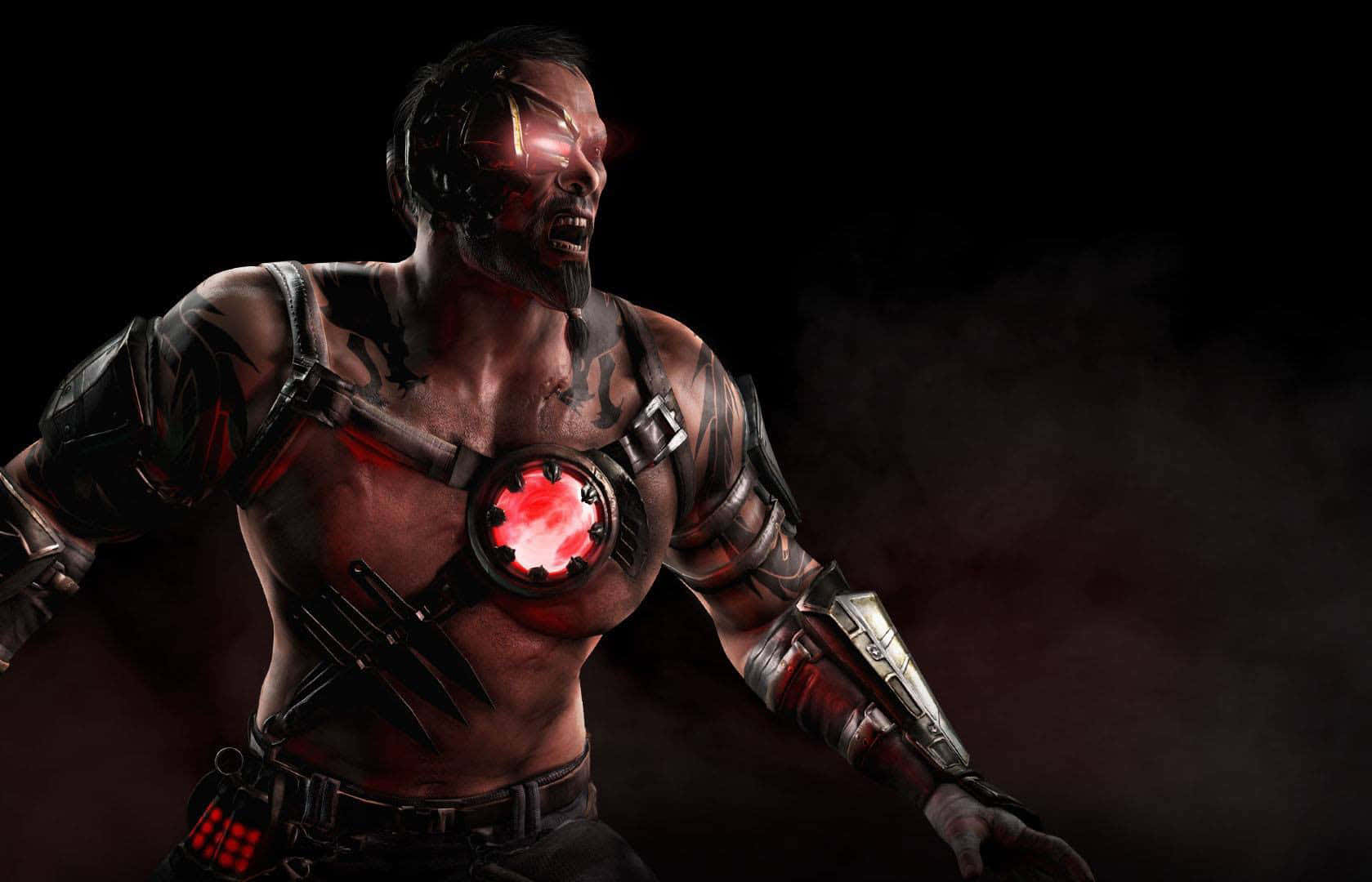 Mortal Kombat Kano 桌布 壁紙 — 一個帶有發光紅眼和胸部核心的威脅性機械戰士在黑暗煙霧背景中咆哮。