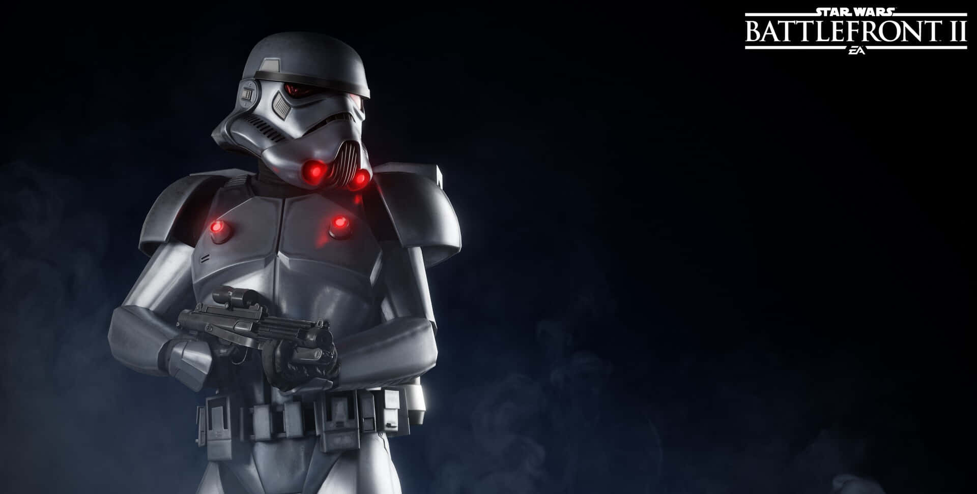 Imperial Army 桌布 壁紙 — 一個帶有發光紅眼和胸部燈光的威脅性風暴兵，站在煙霧瀰漫的黑暗中，手持爆能槍。