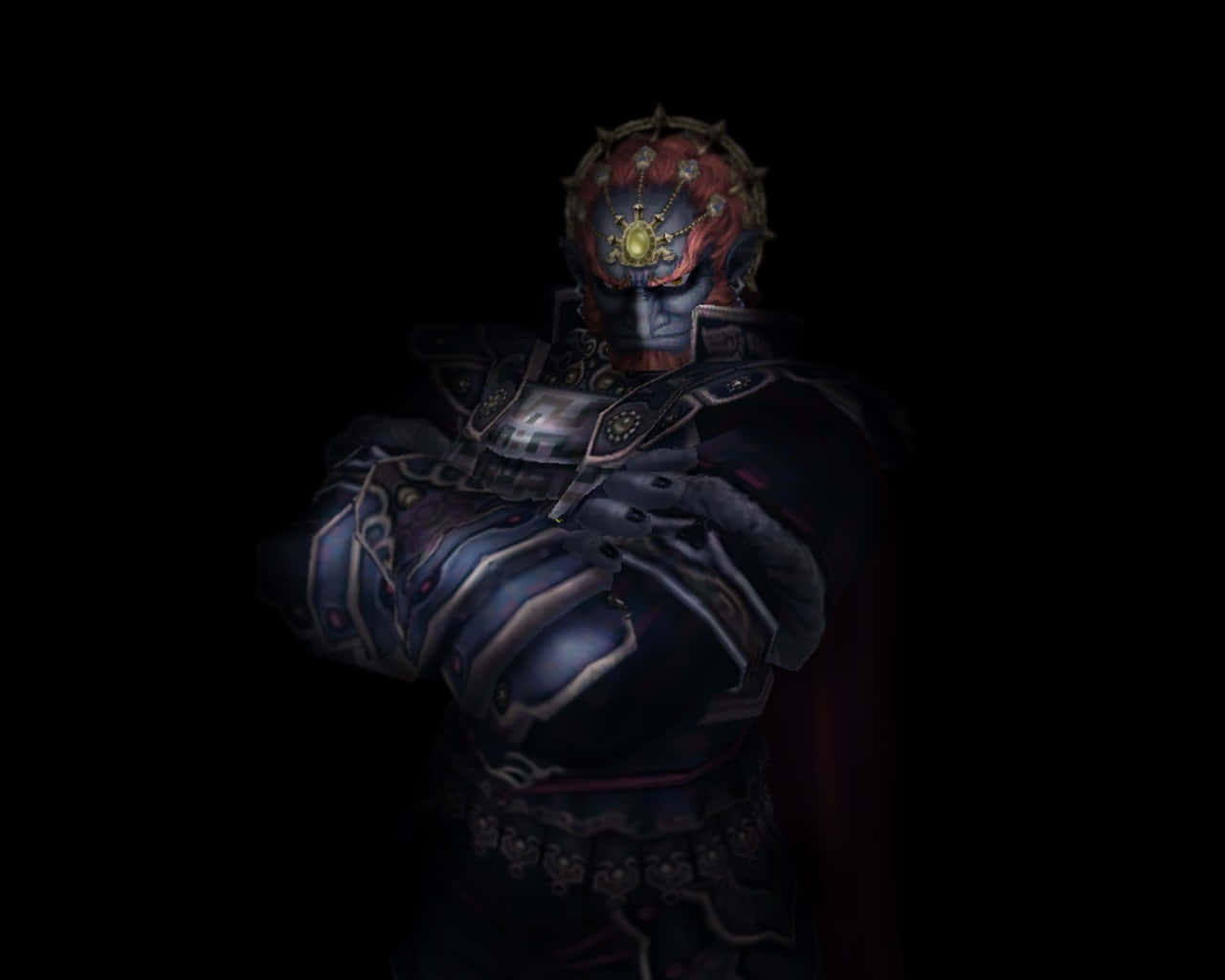 Ganondorf 桌布 壁紙 — 一個帶有發光紅眼和華麗頭盔的威脅性裝甲人物，雙手交叉站在陰暗的黑暗中。