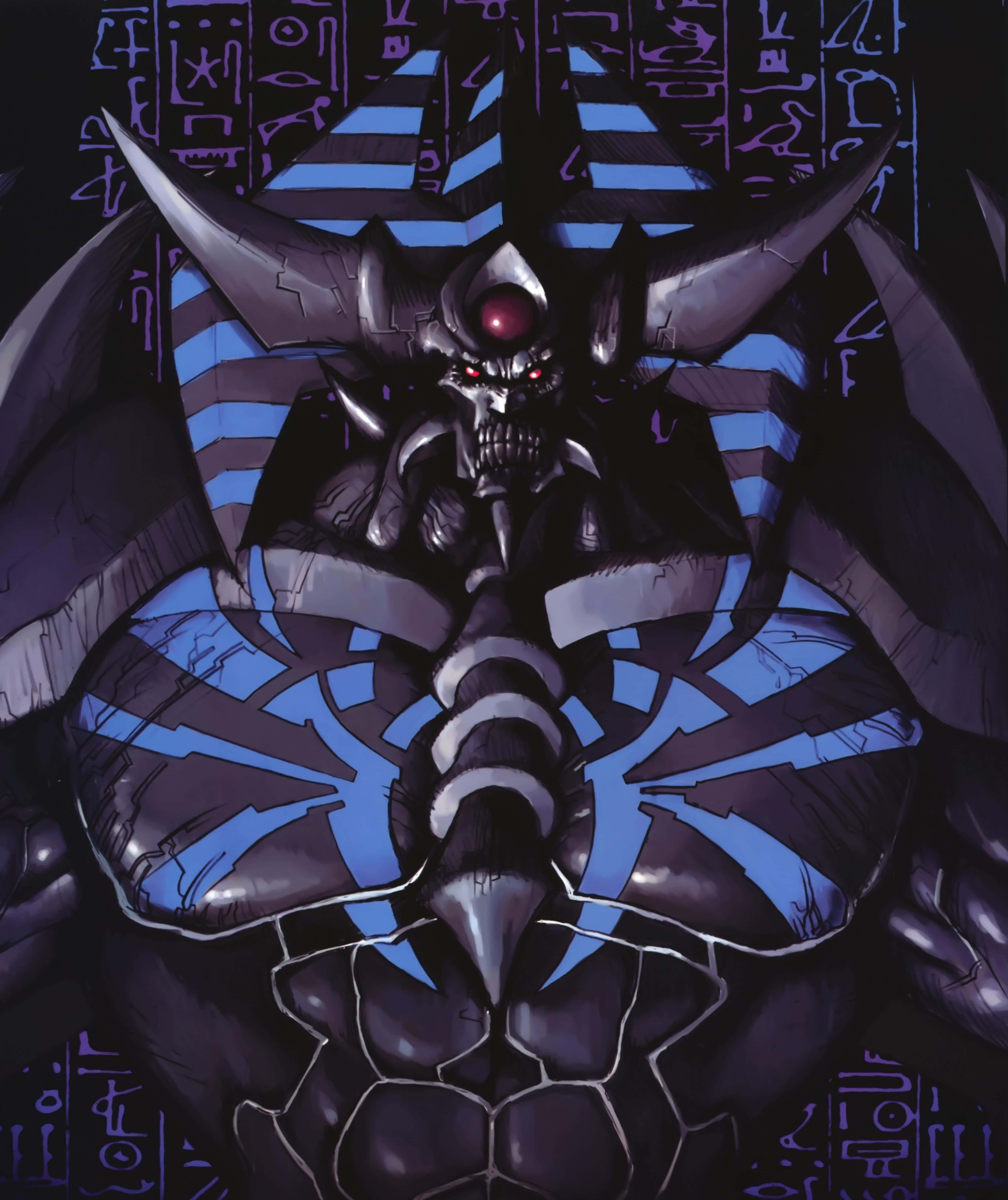 Obelisk The Tormentor 桌布 壁紙 — 一個帶有發光紅眼和藍色幾何盔甲的威脅性動漫惡魔，站在帶有古代符號的黑暗背景前。