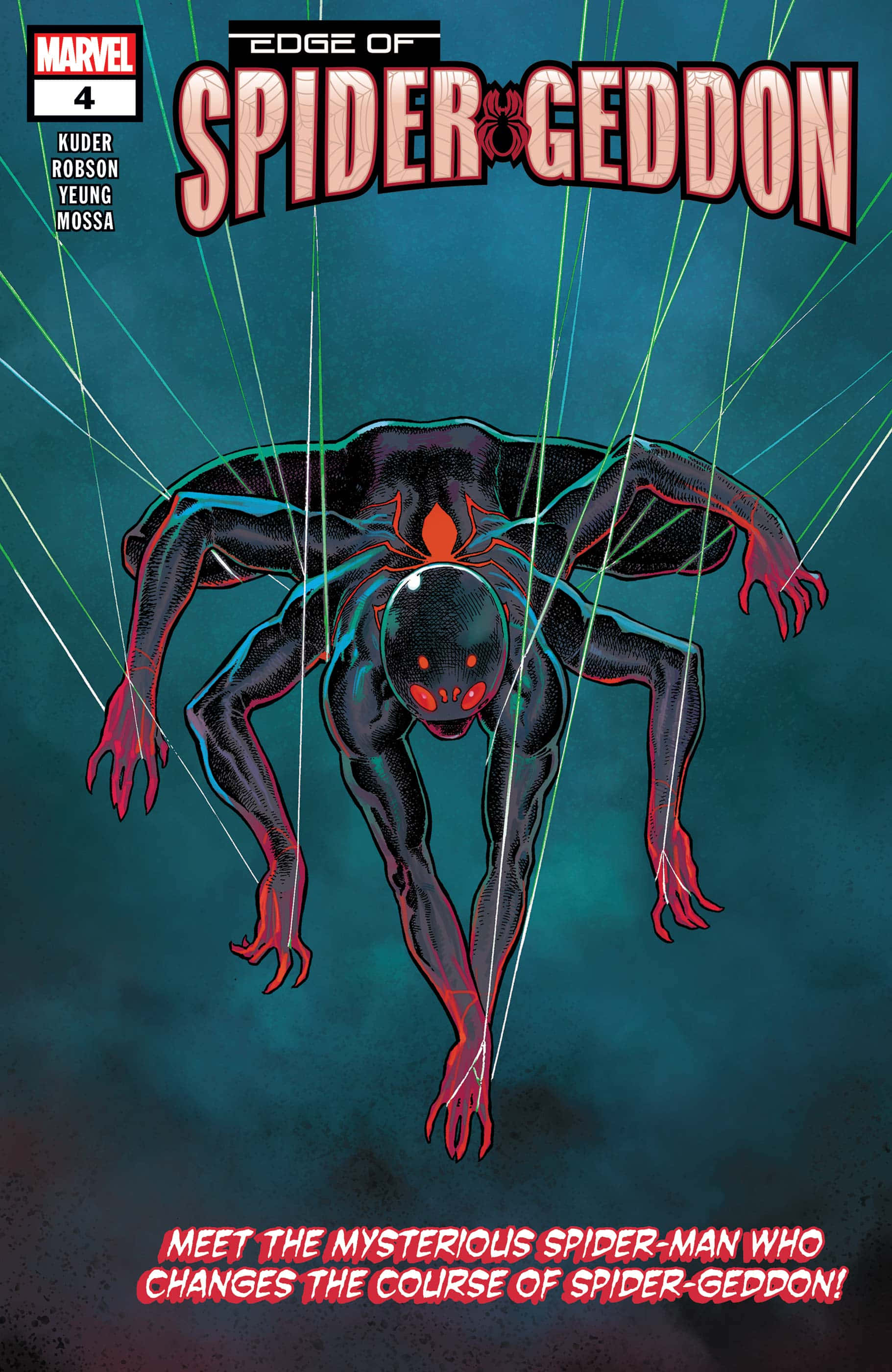 Spider-geddon 桌布 壁紙 — 一個帶有發光紅眼和蜘蛛網線懸掛在深藍綠色背景上的威脅性蜘蛛人。