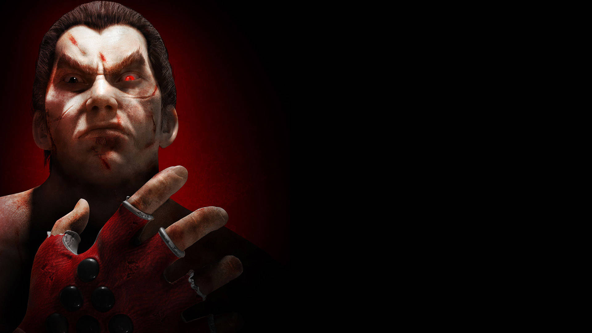 kazuya mishima 桌布 壁紙 — 一個帶有發光紅眼和血跡斑斑面孔的威脅性戰士，在深紅色背景前強烈凝視。
