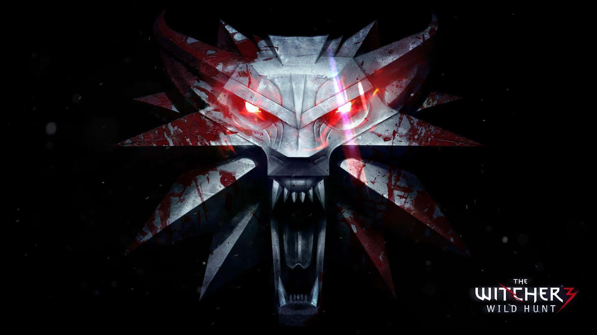 The Witcher 3 Wild Hunt 桌布 壁紙 — 一個帶有發光紅眼和血跡的威嚇性銀色狼頭，置於深色背景上。