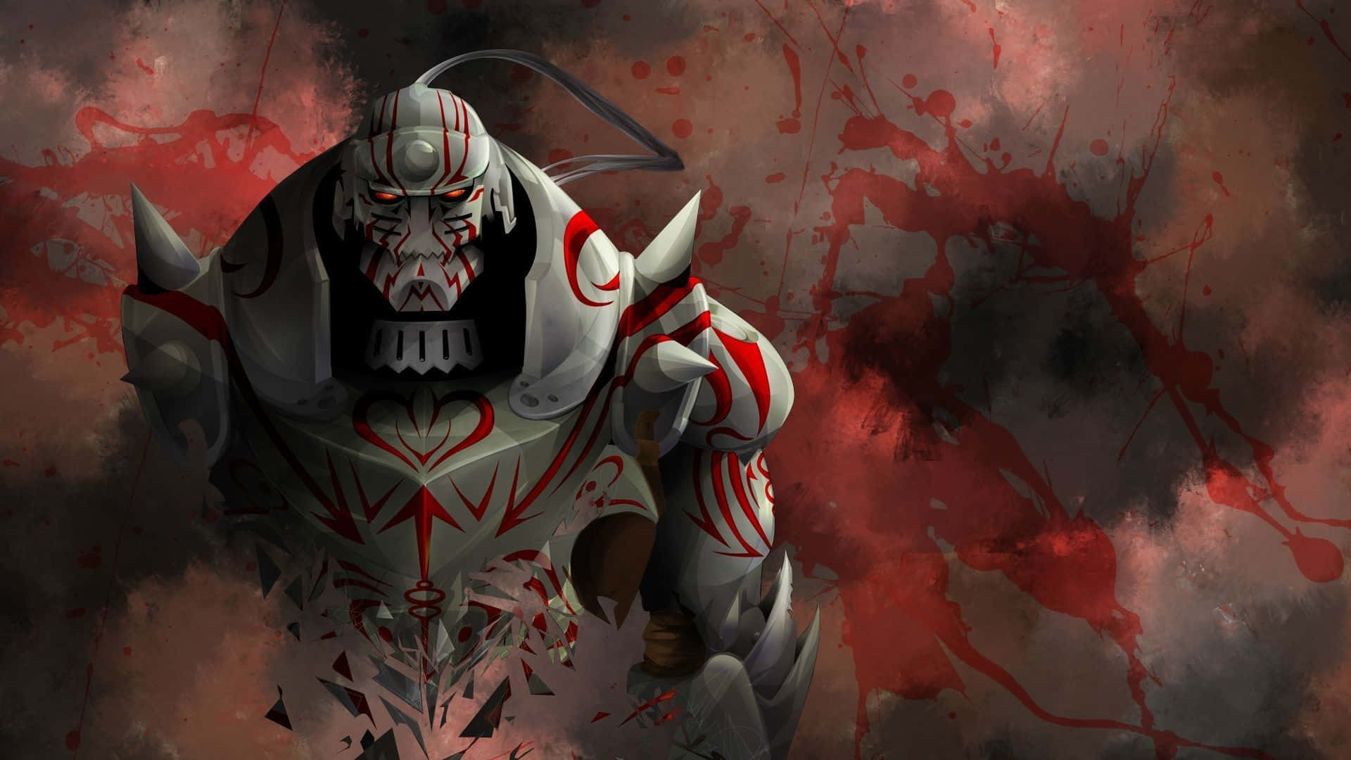 Fullmetal Alchemist 桌布 壁紙 — 一個帶有發光紅眼和血跡的威嚇裝甲戰士，站在黑暗煙霧背景前。