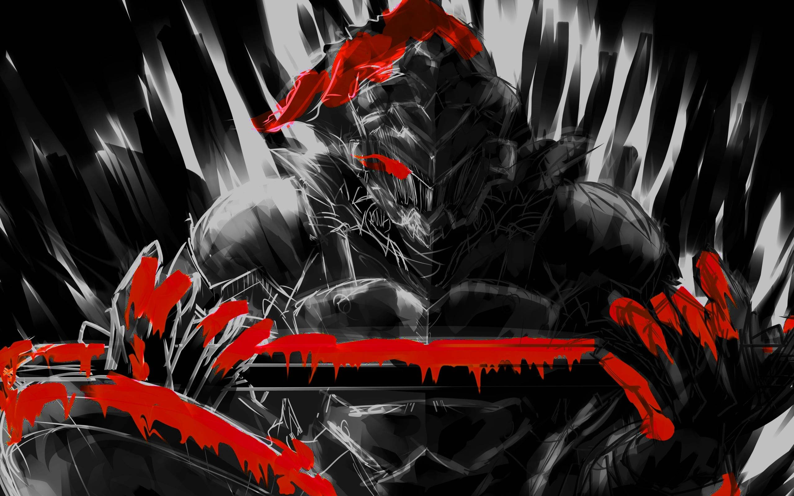 Goblin Slayer 桌布 壁紙 — 一個帶有發光紅眼和血跡的威脅性裝甲戰士從黑暗鋸齒狀能量中出現。
