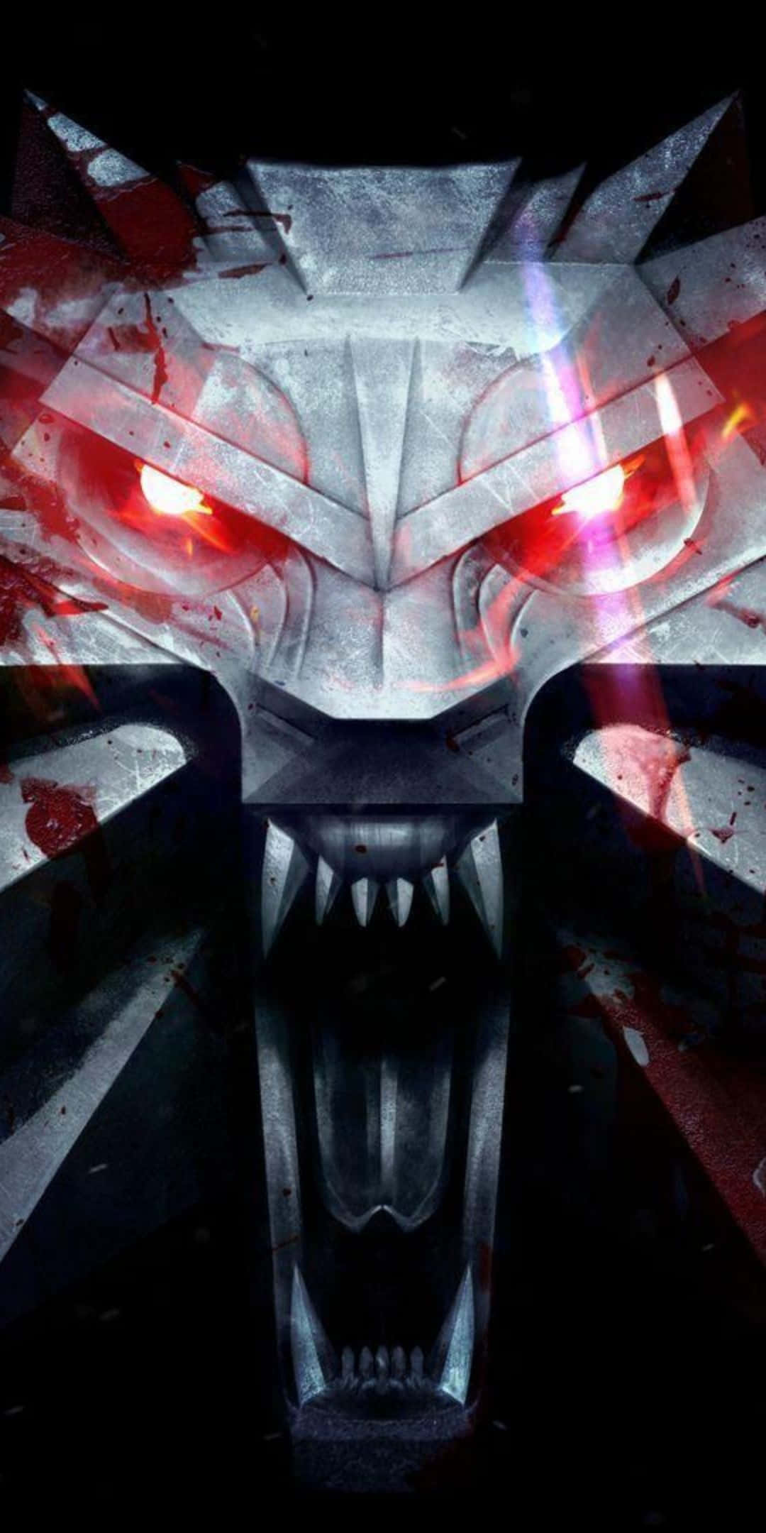 Pixel 3 The Witcher 3 桌布 壁紙 — 一個帶有發光紅眼和血跡的金屬狼頭，在黑暗背景中顯得威嚇。