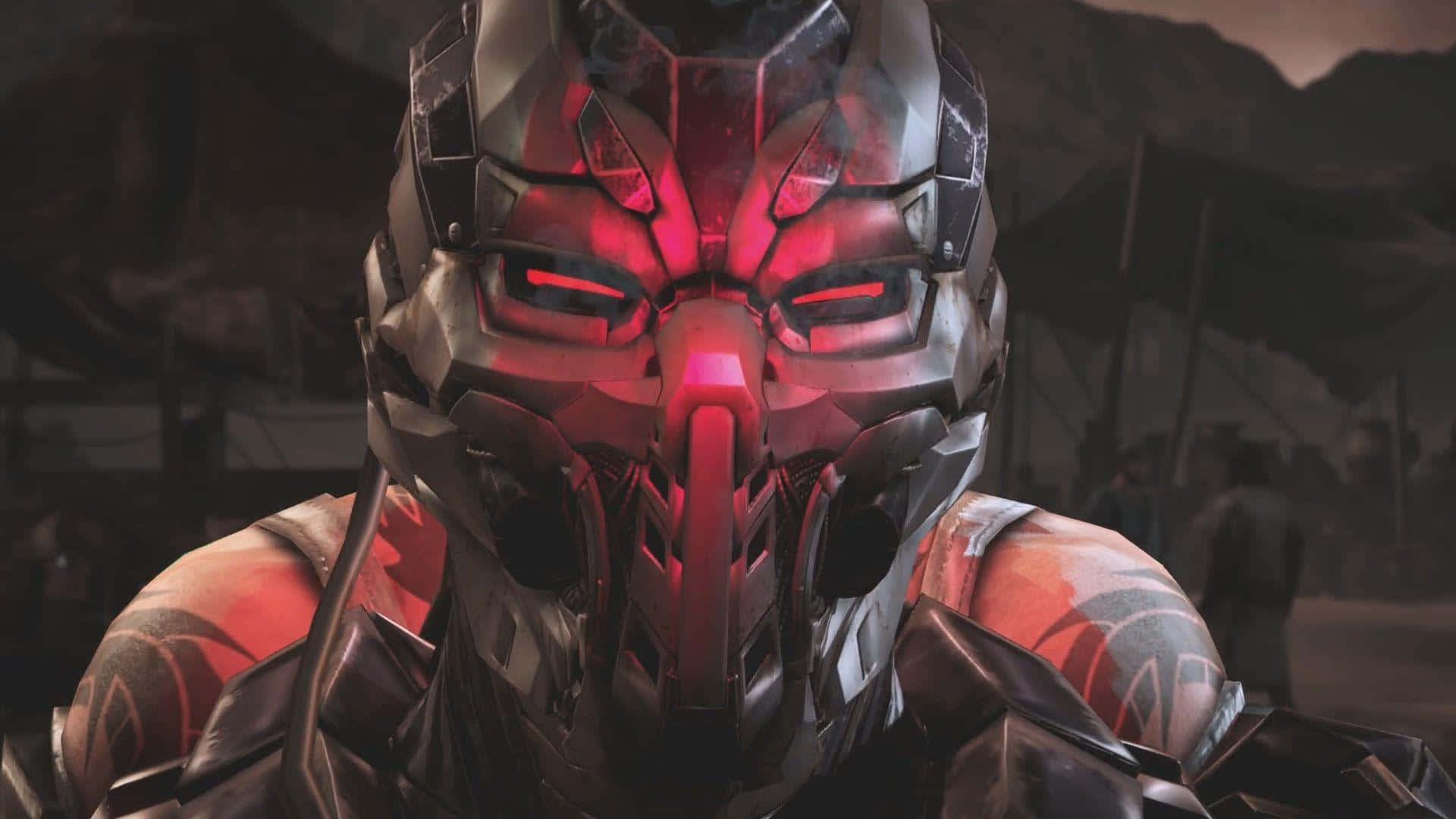 Mortal Kombat Triborg 桌布 壁紙 — 一個帶有發光紅眼和複雜金屬盔甲的威嚇裝甲戰士，站在昏暗、骯髒的城市環境中。