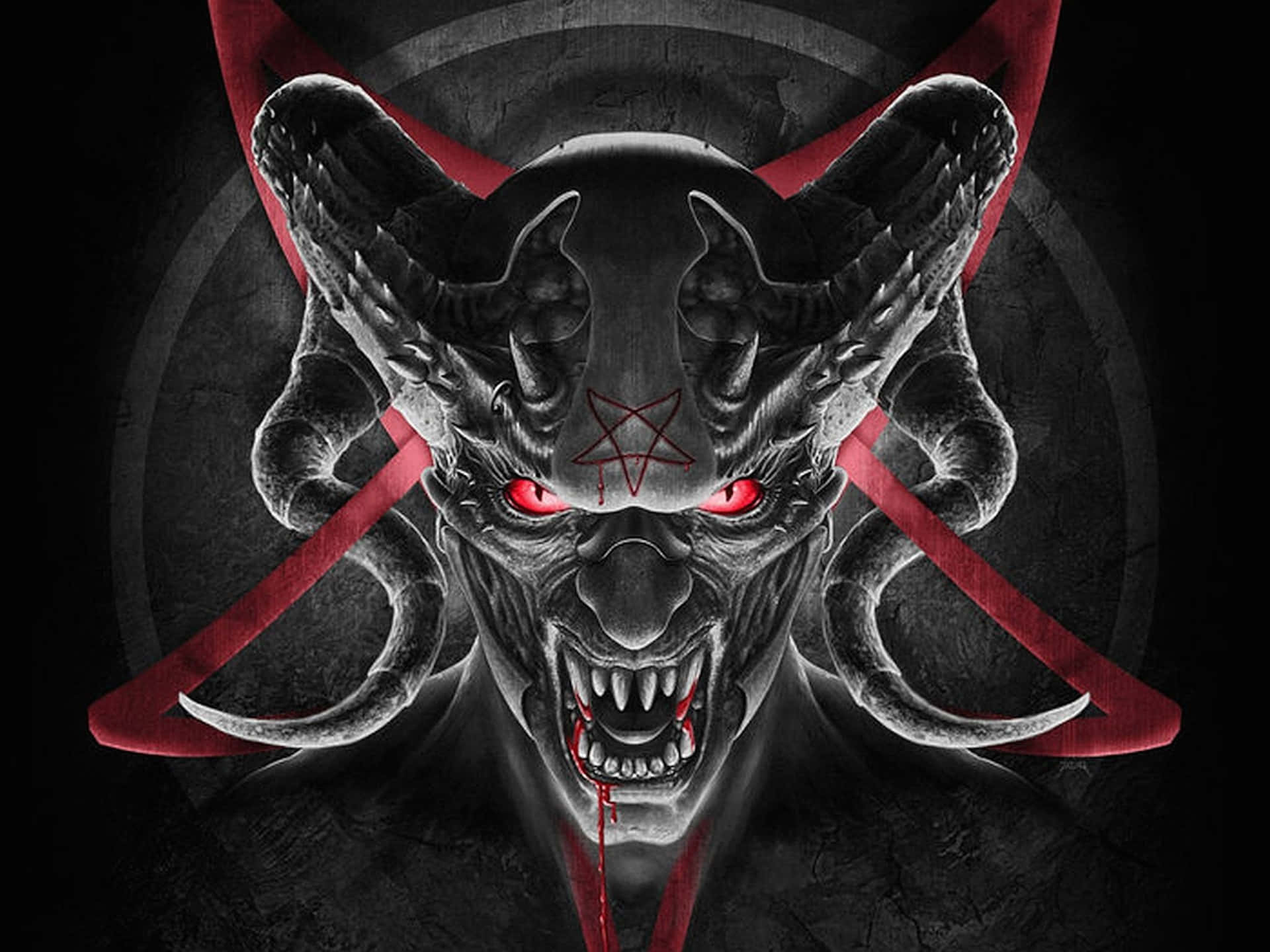 惡魔動圖 桌布 壁紙 — 一個帶有發光紅眼和角的威脅性惡魔面孔，由紅色絲帶框住，背景為深色圓形。