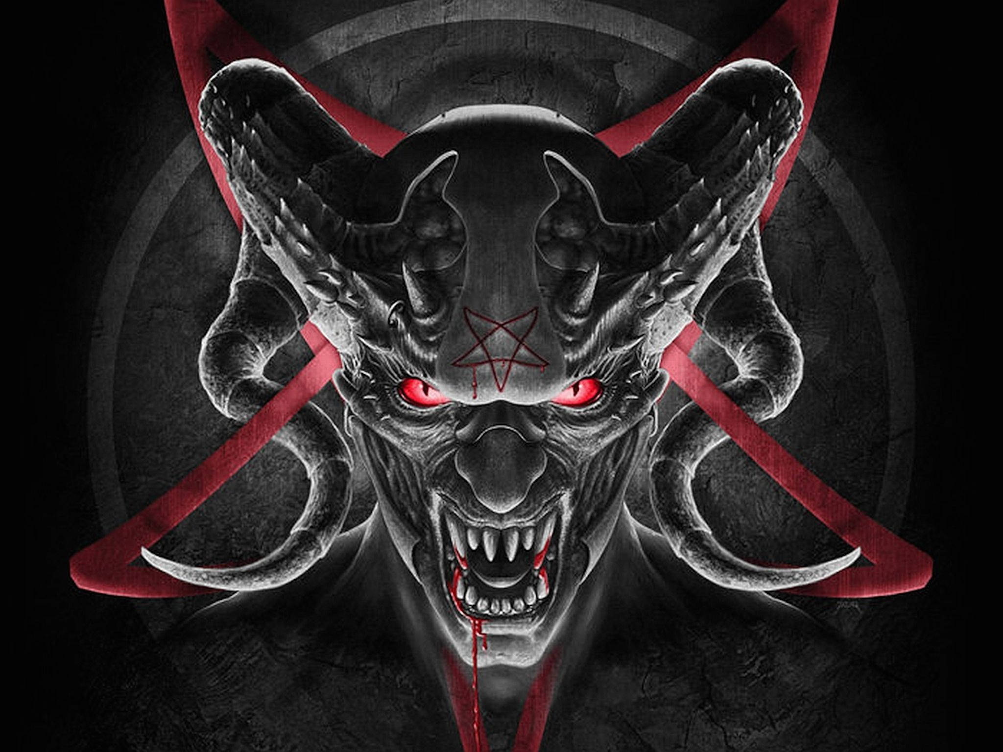 Devil Horns 桌布 壁紙 — 一個帶有發光紅眼和角的威脅性惡魔面孔，以紅色絲帶框在深色圓形背景上。