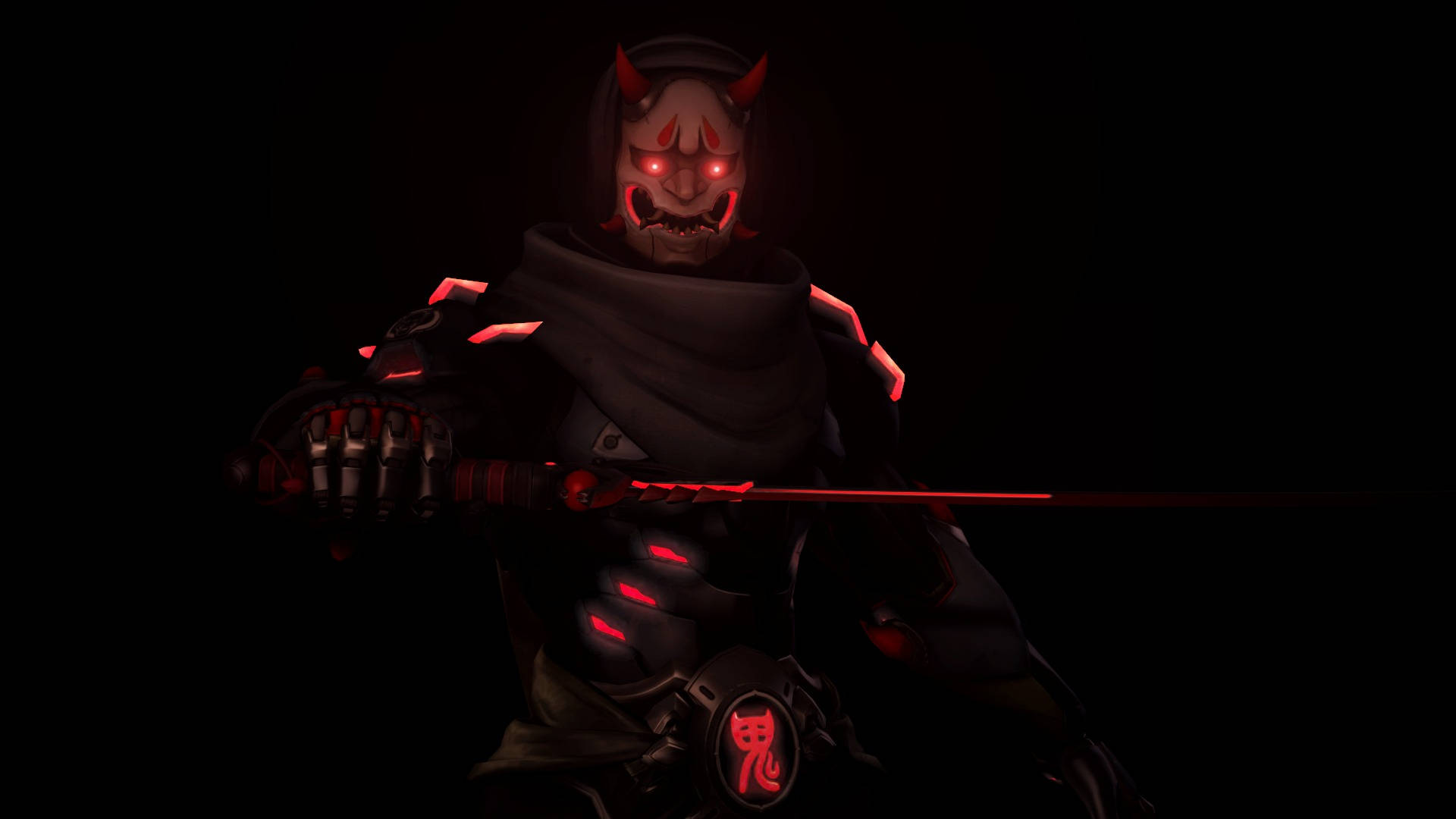 Oni 桌布 壁紙 — 一個帶有發光紅眼和角的威脅性惡魔武士，在黑色背景前揮舞著一把發光的紅色劍。