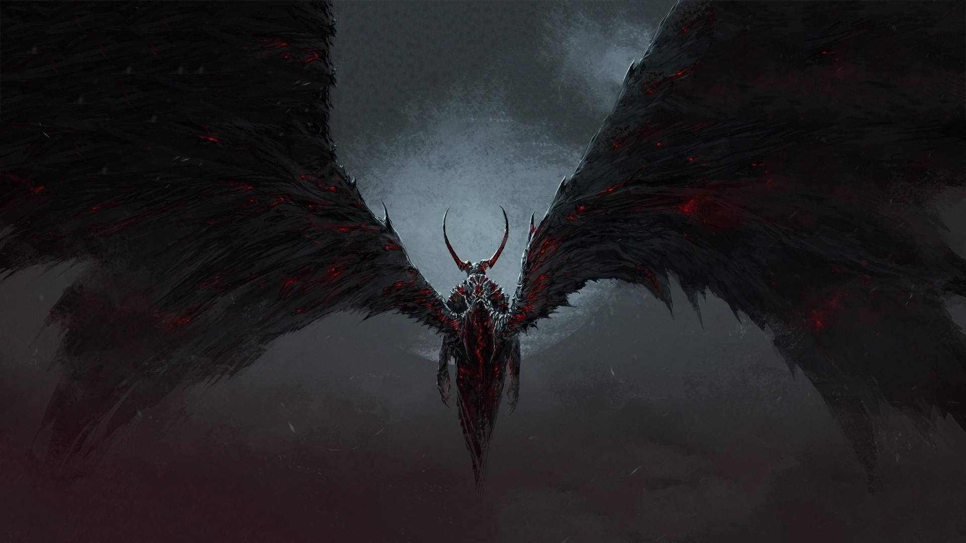 惡魔動圖 桌布 壁紙 — 一個帶有發光紅眼和角的威脅性暗翼惡魔，在暴風雨的灰色天空中翱翔。