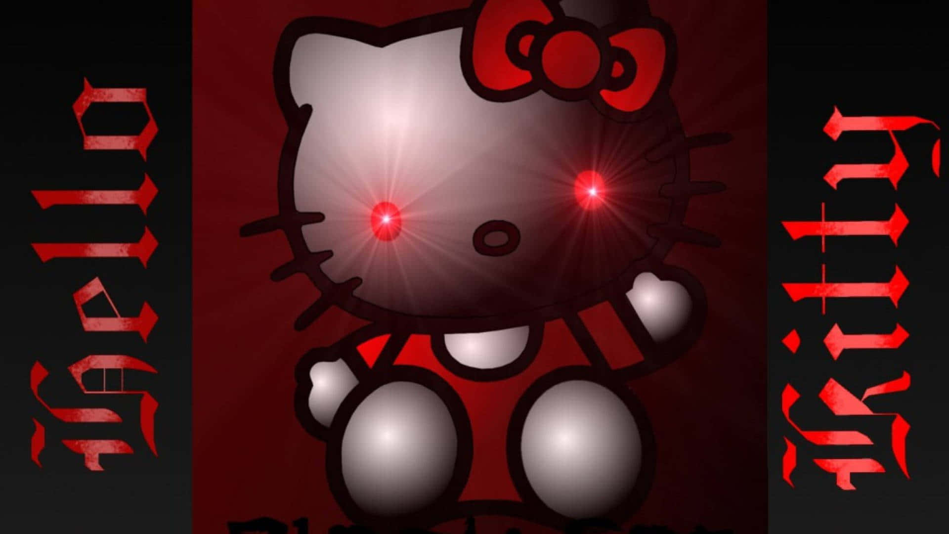 Emo Hello Kitty 桌布 壁紙 — 一個帶有發光紅眼和邪惡紅色蝴蝶結的威脅性Hello Kitty，背景為深紅色並帶有哥德式文字。
