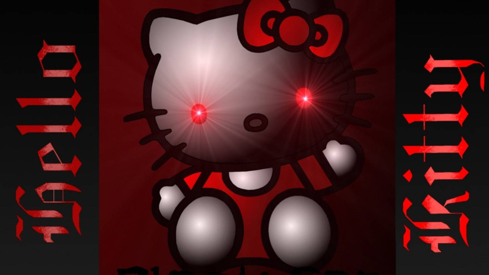 Kitty 桌布 壁紙 — 一個帶有發光紅眼和邪惡紅色蝴蝶結的威脅性Hello Kitty，背景為深紅色並帶有哥德式文字。