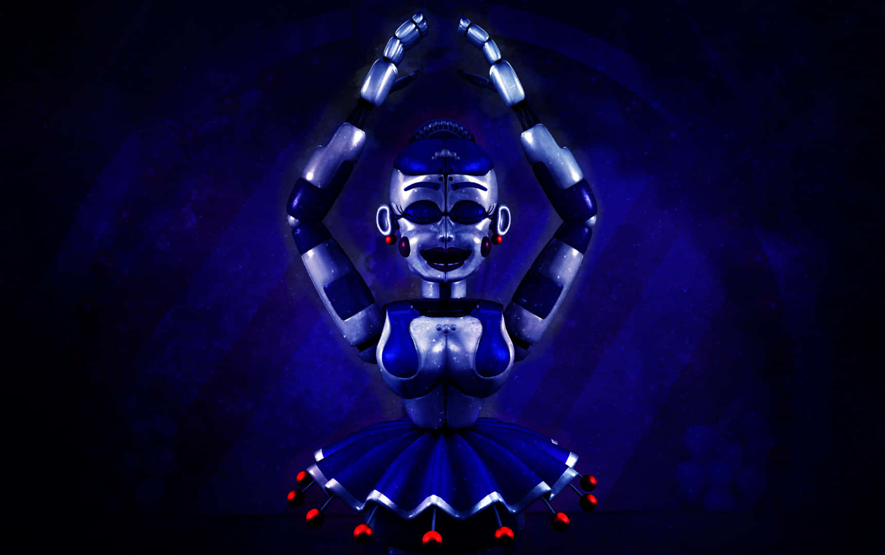 Ballora 桌布 壁紙 — 一個帶有發光紅眼和金屬四肢的威脅性機械芭蕾舞者在深藍色背景前擺出姿勢。