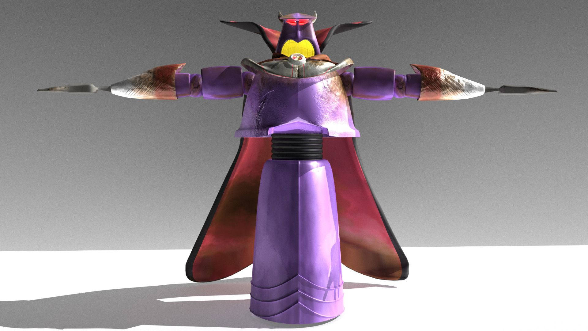 emperor zurg 桌布 壁紙 — 一個帶有發光紅眼和鋒利刀臂的紫色裝甲機器人，站在純灰色背景前，顯得威風凜凜。
