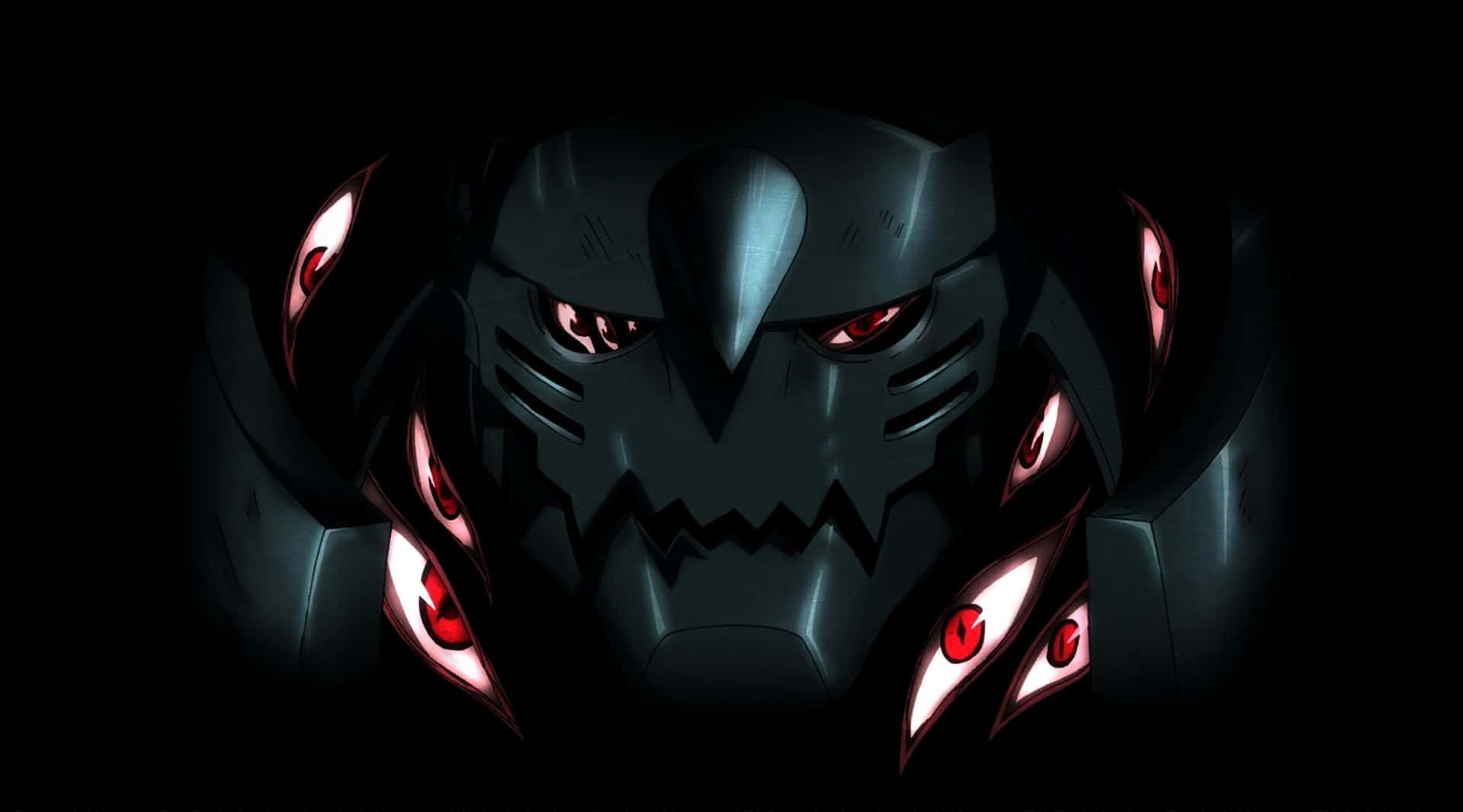Alphonse Elric 桌布 壁紙 — 一個帶有發光紅眼和鋒利金屬特徵的威脅性黑暗動漫機甲，在陰影黑暗中若隱若現。