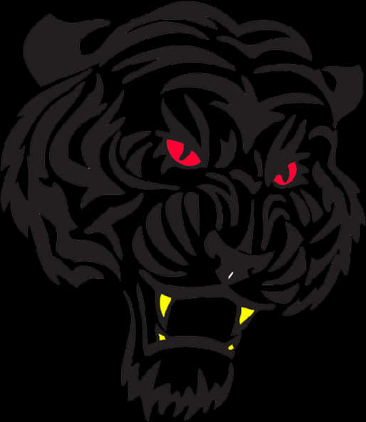 Tiger Head 桌布 壁紙 — 一個帶有發光紅眼和鋒利黃色獠牙的威嚇性黑虎頭，在黑暗背景下強烈凝視。