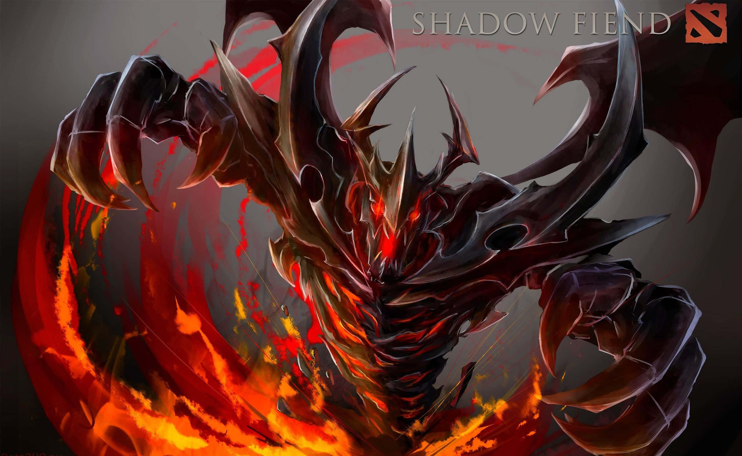 Shadow Fiend 桌布 壁紙 — 一個帶有發光紅眼和鋸齒狀爪子的威脅性黑暗惡魔實體，從旋轉的火焰中出現，背景是煙霧般的灰色。